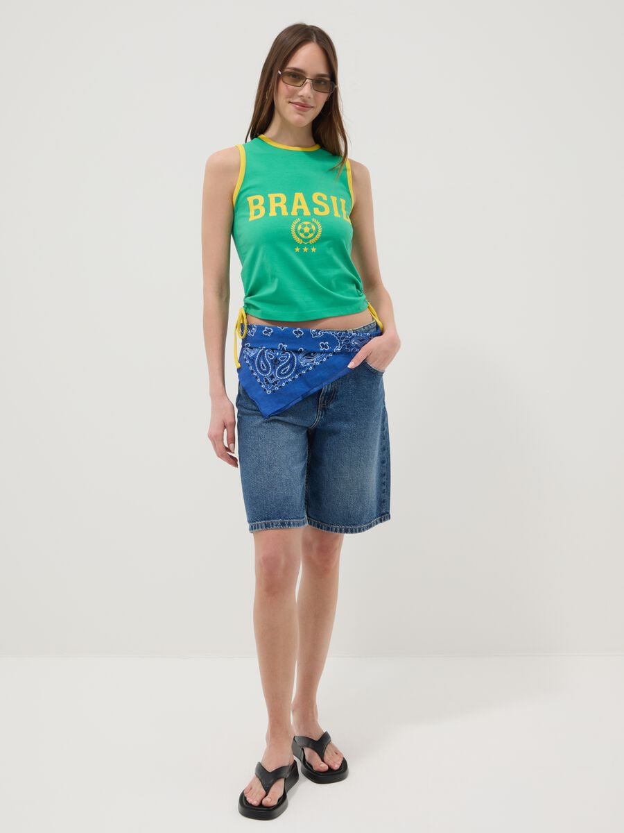 T-shirt verde in cotone elasticizzato con scritta Brasil regular fit_2