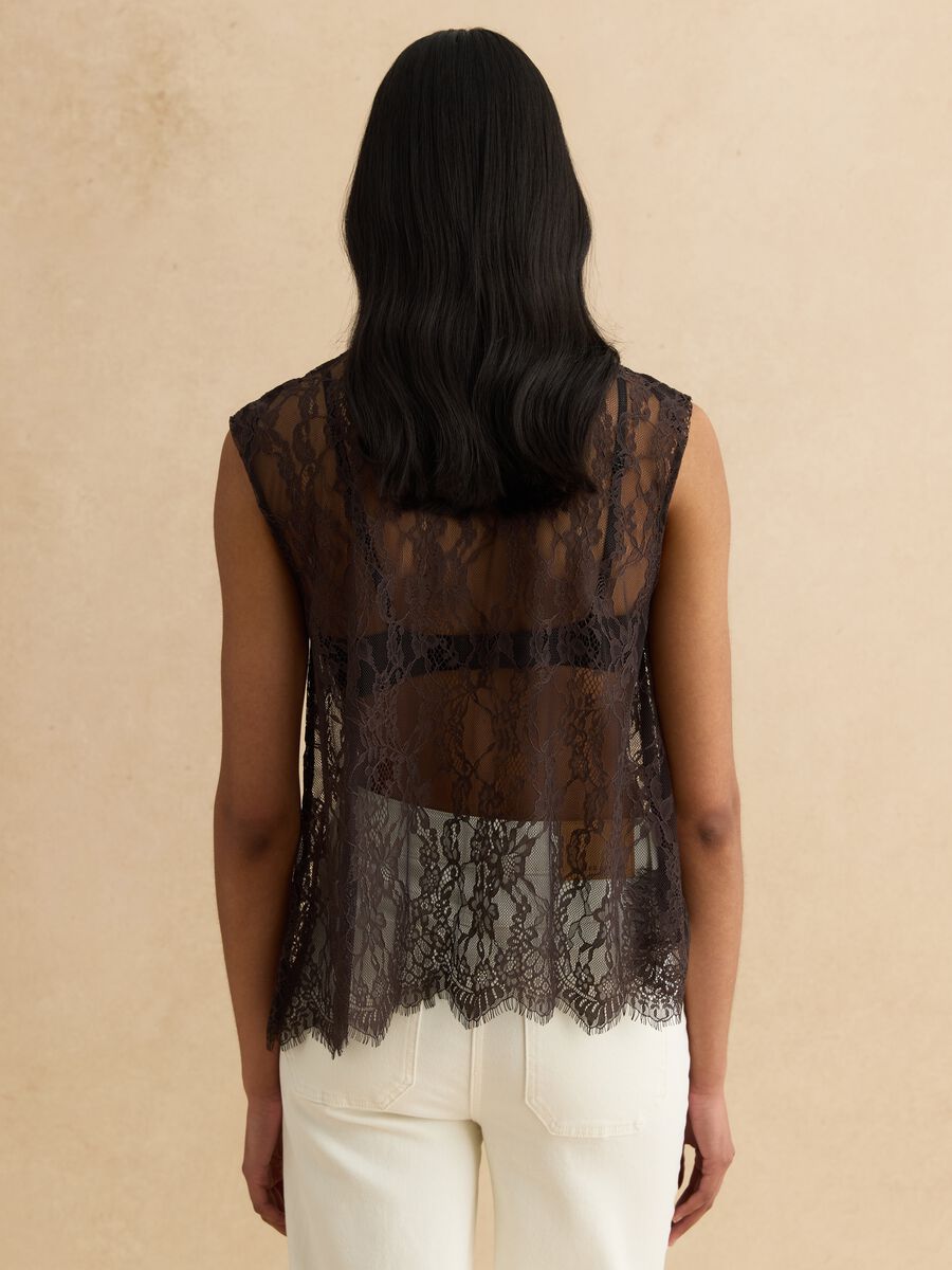 Regular fit brown lace tank top with bow_2