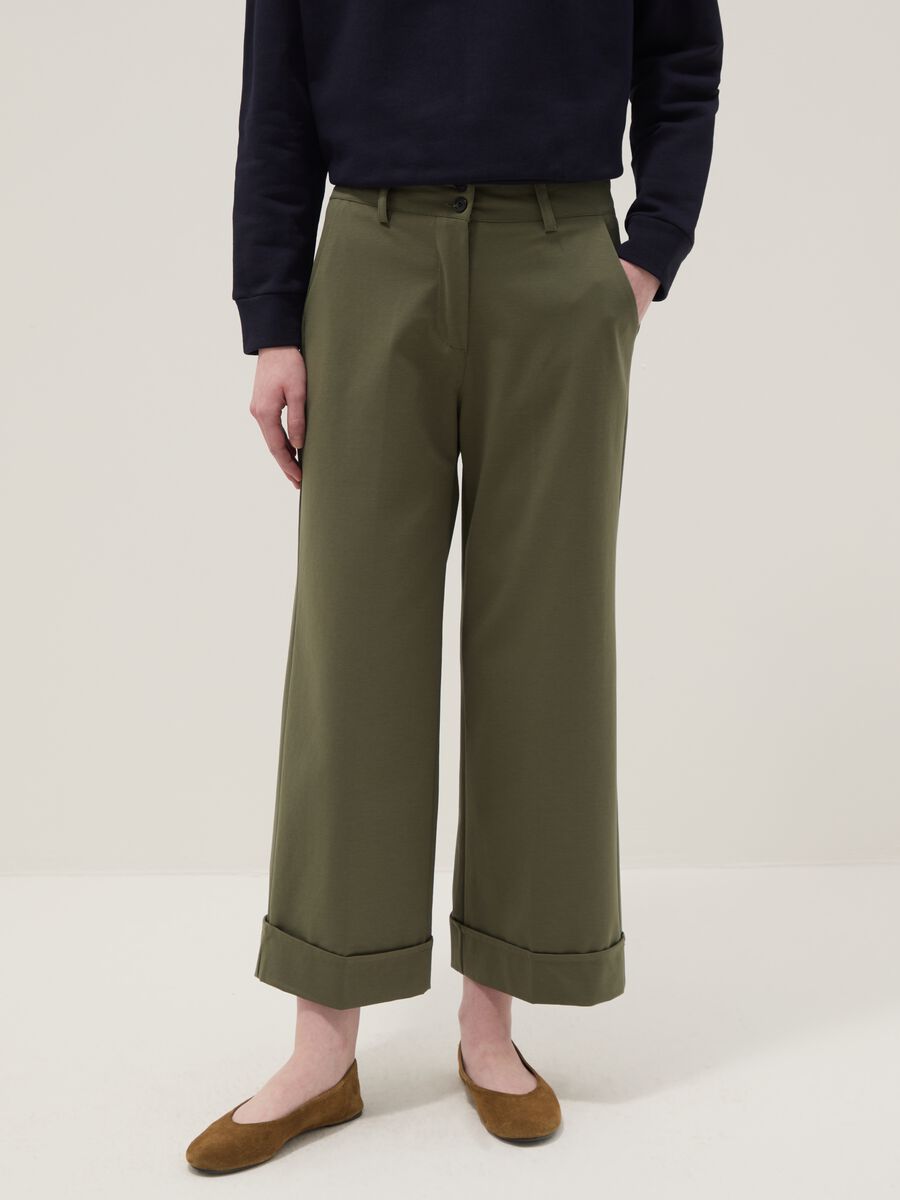 Pantaloni wide leg in misto cotone elasticizzato verdi regular fit_1