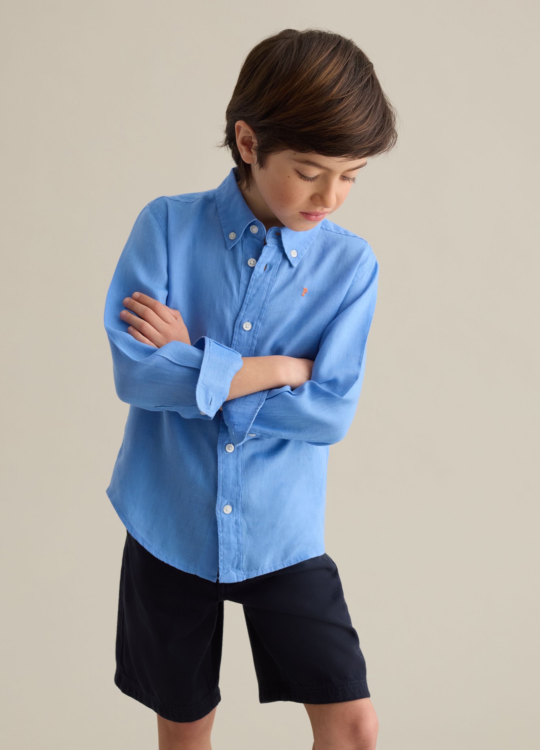 Sky blue linen shirt with logo embroidery