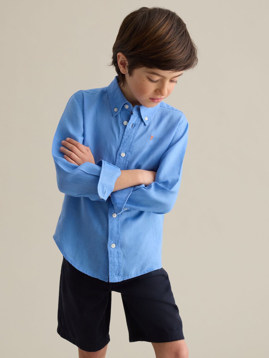 Sky blue linen shirt with logo embroidery_0
