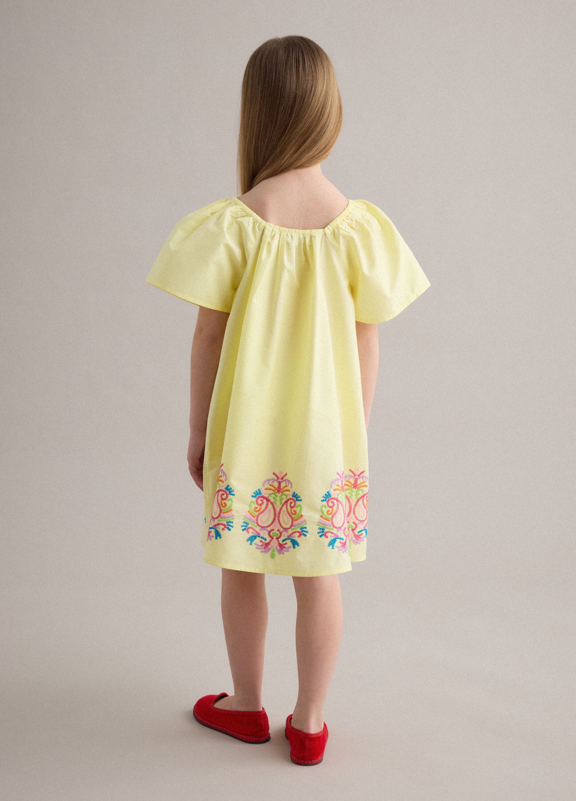 Yellow pure cotton dress with embroidery