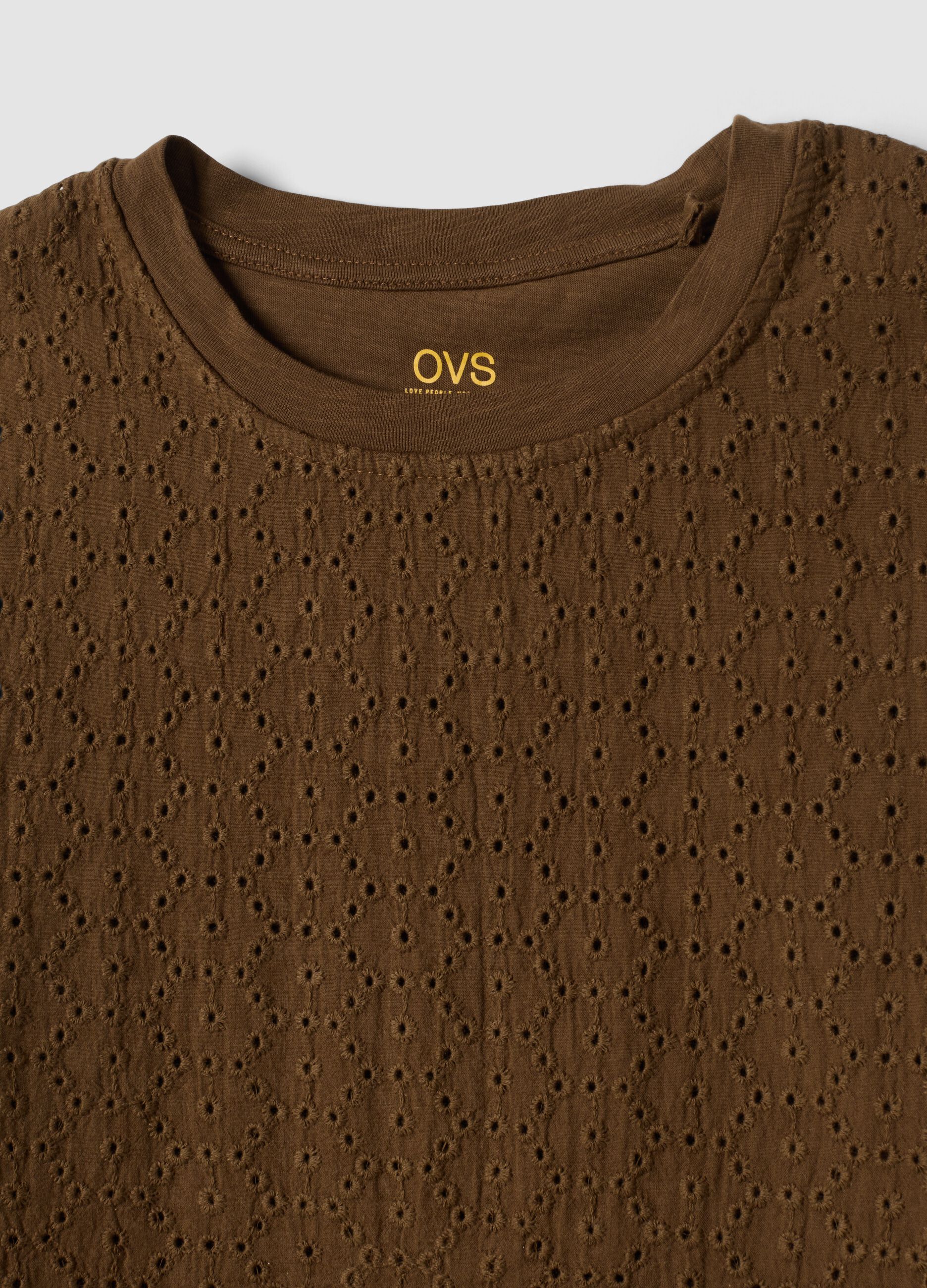 Brown pure cotton T-shirt with broderie anglaise embroidery