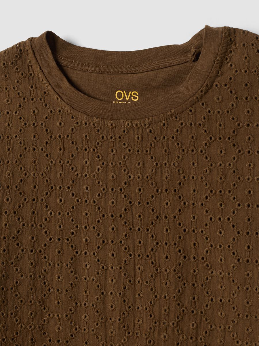 Brown pure cotton T-shirt with broderie anglaise embroidery_1
