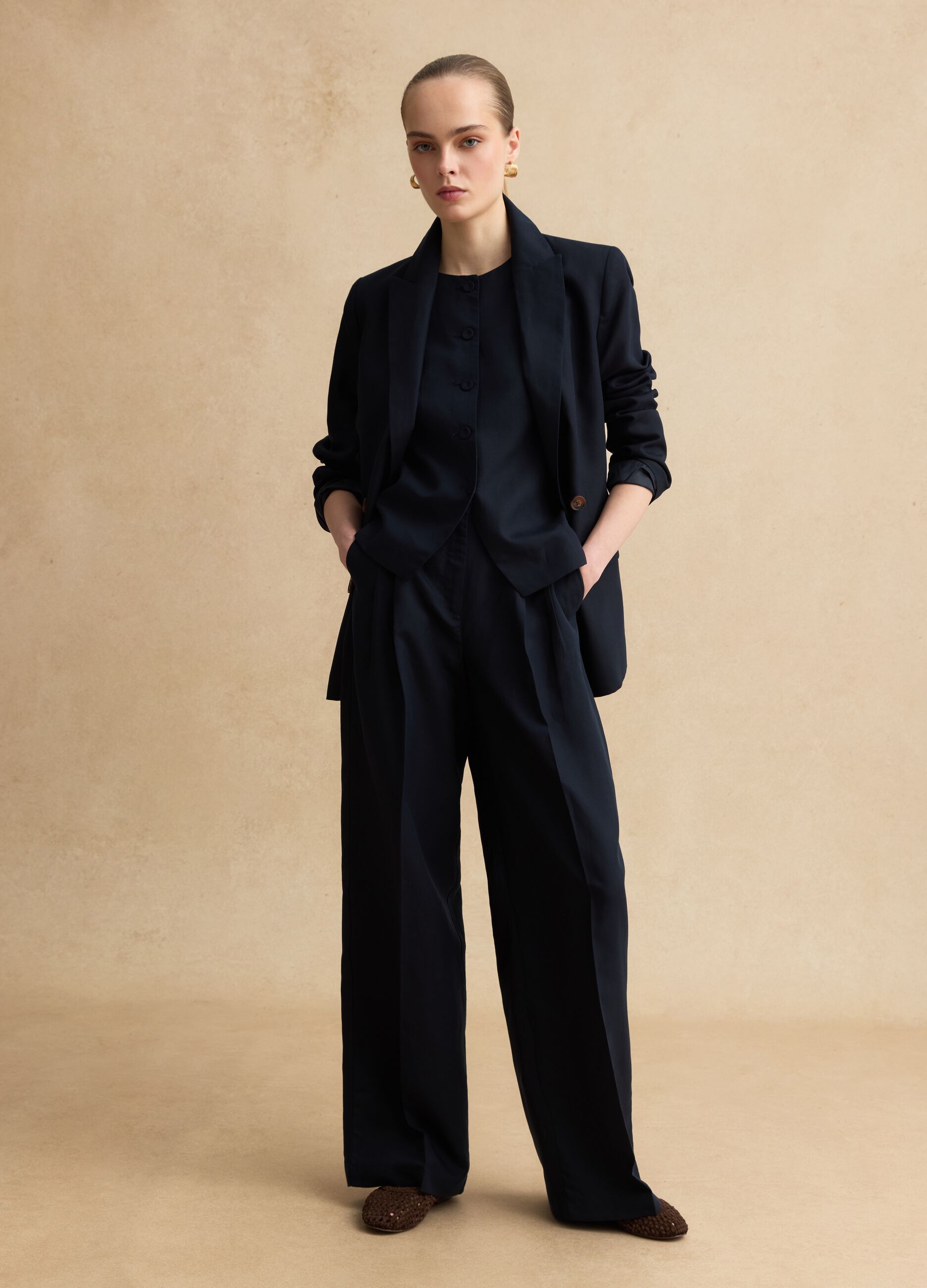 Elegant Blue Lyocell and Linen Wide Leg Trousers