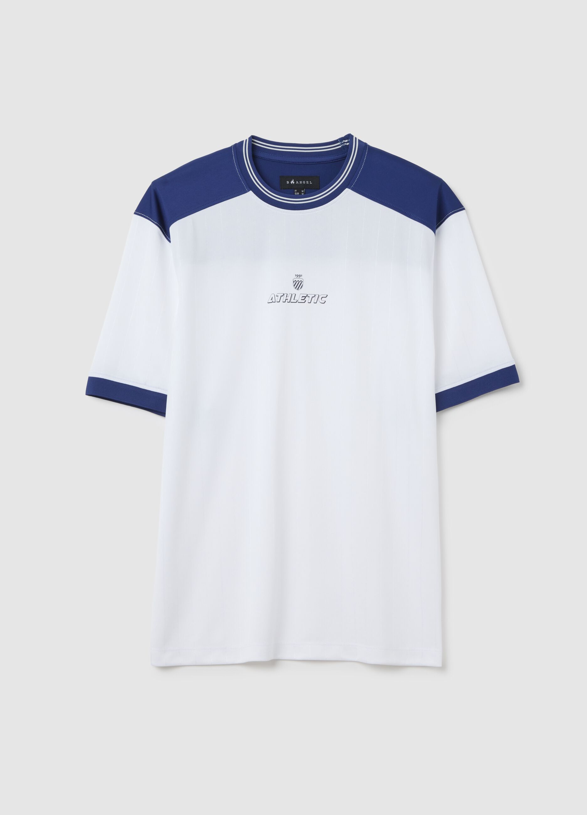 White and blue T-shirt in mesh with print