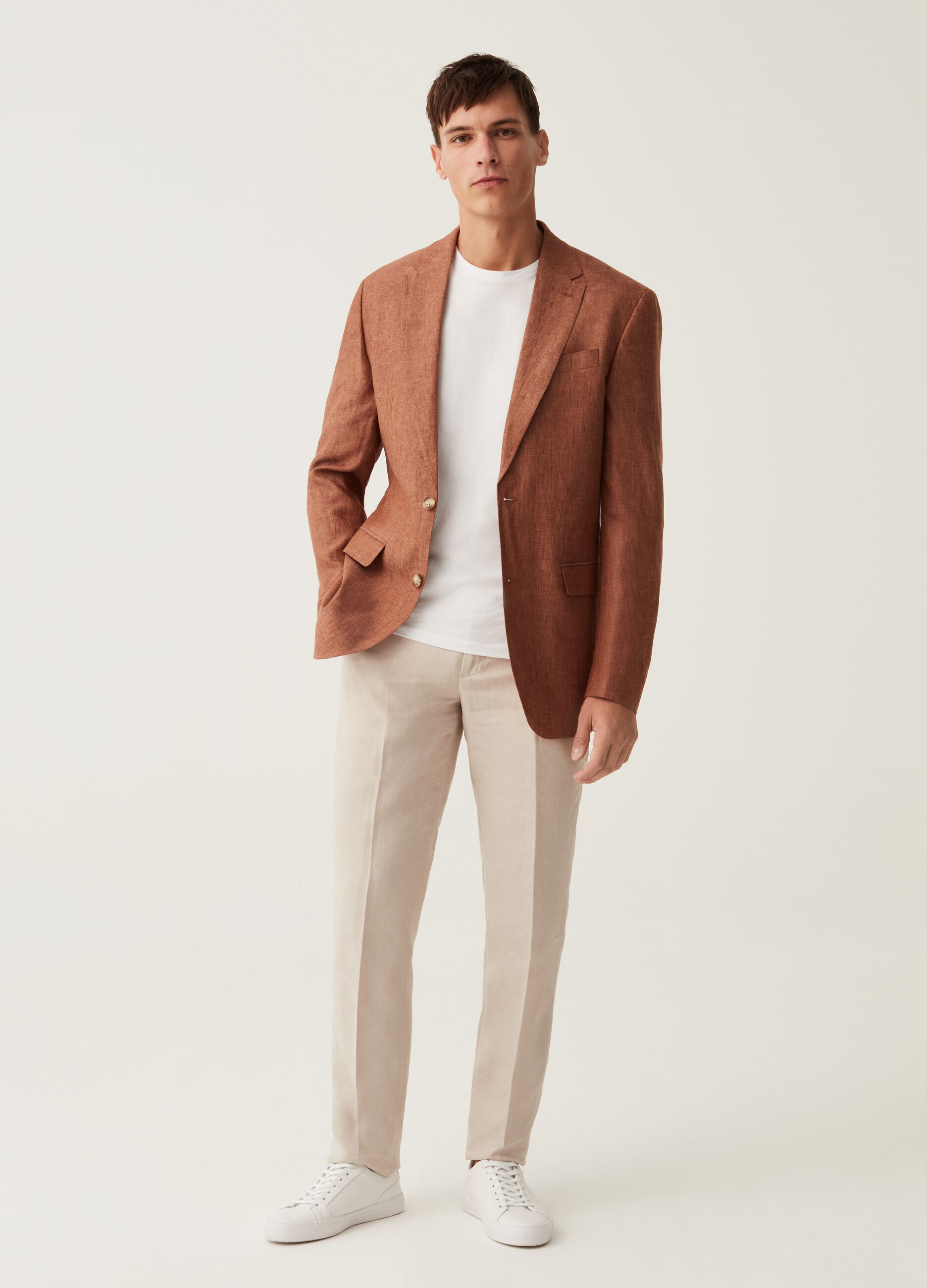 Blazer slim fit in lino tinto filo tabacco_1