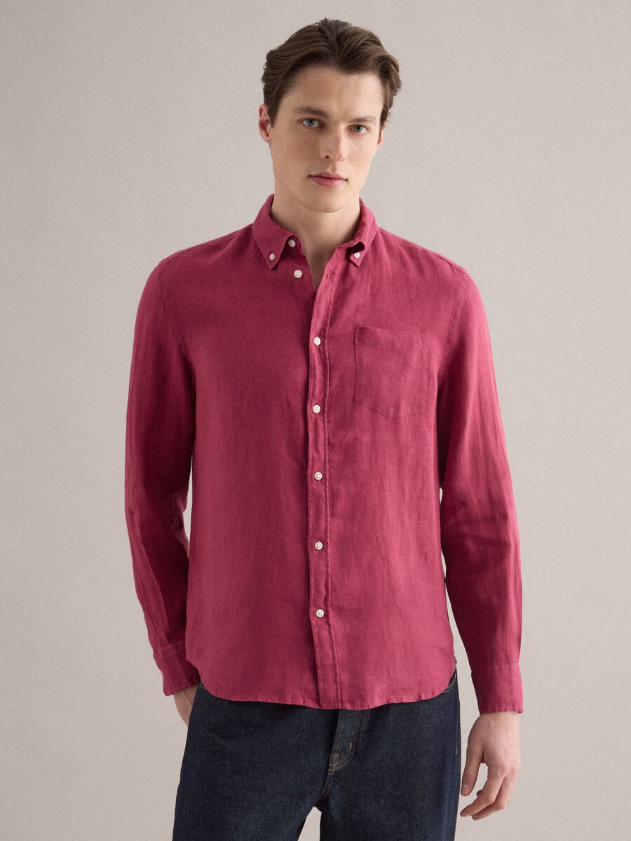 Camicia a maniche lunghe in puro lino rossa regular fit_1