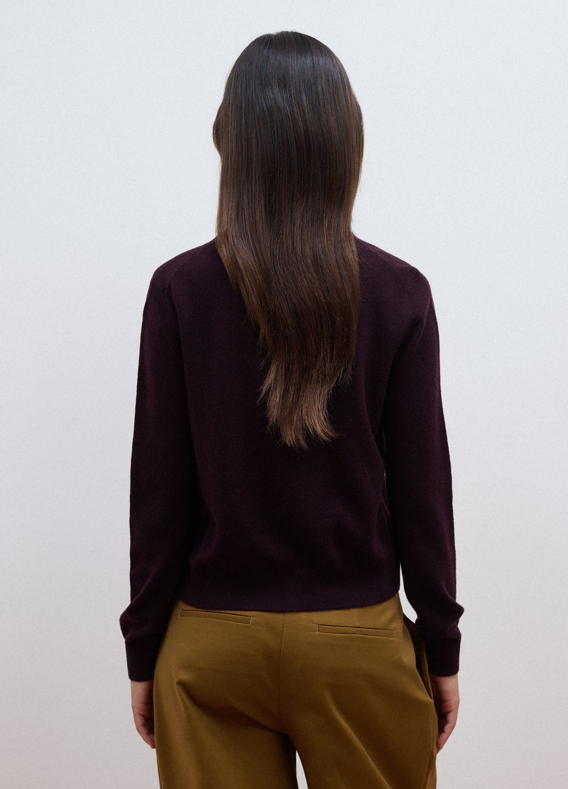 Purple pure wool crew-neck cardigan with buttons, regular fit