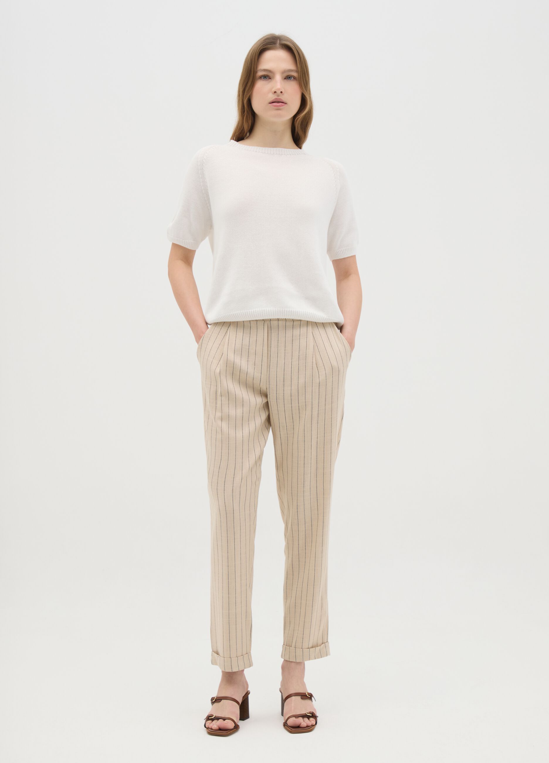 Beige Linen Blend Women's Regular Fit Trousers
