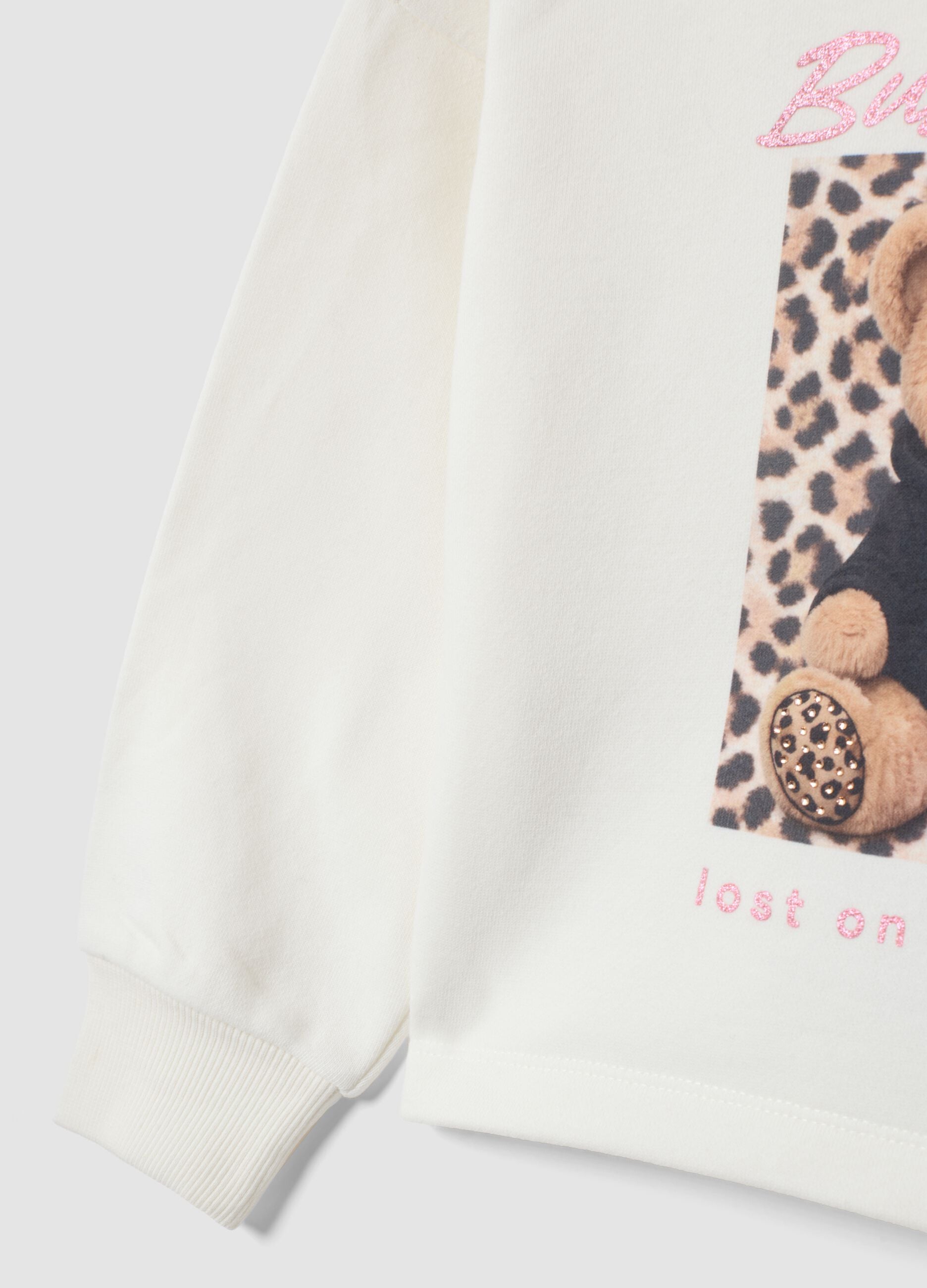 White hooded sweatshirt with teddy bear print in cotton blend