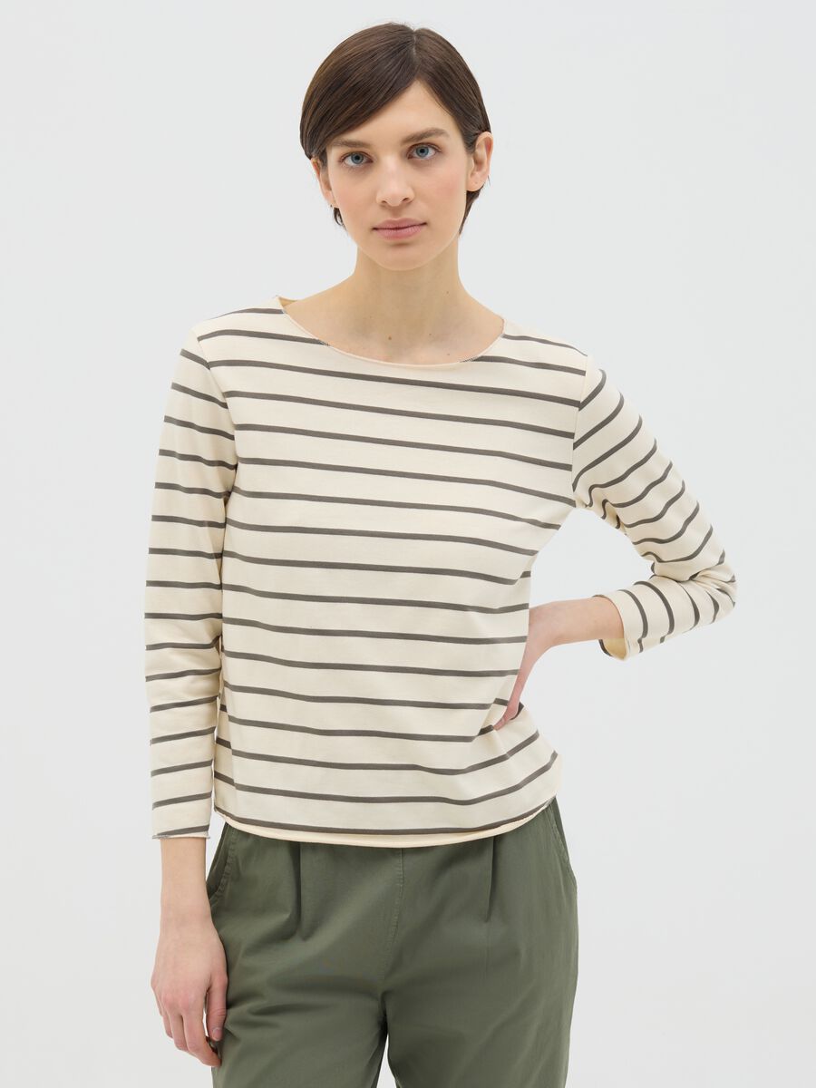 White and grey T-shirt in striped cotton_0