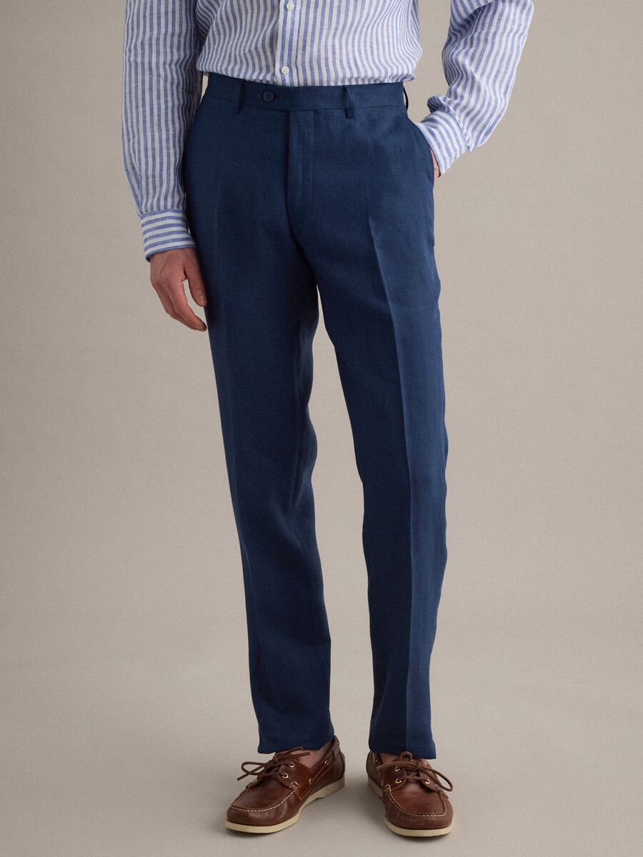 Pantaloni formali in puro lino blu slim fit_1