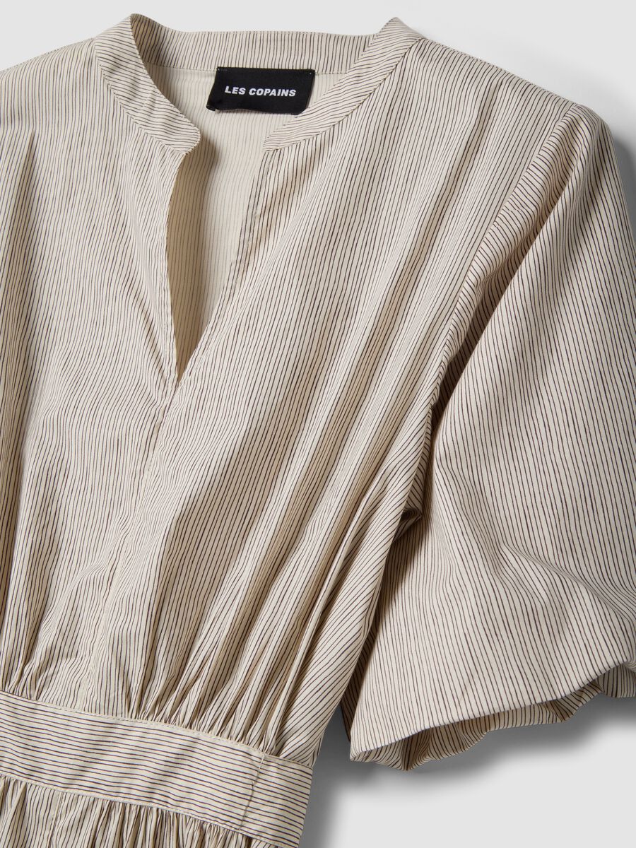 Abito lungo in puro cotone beige a righe regular fit con scollo a V_5