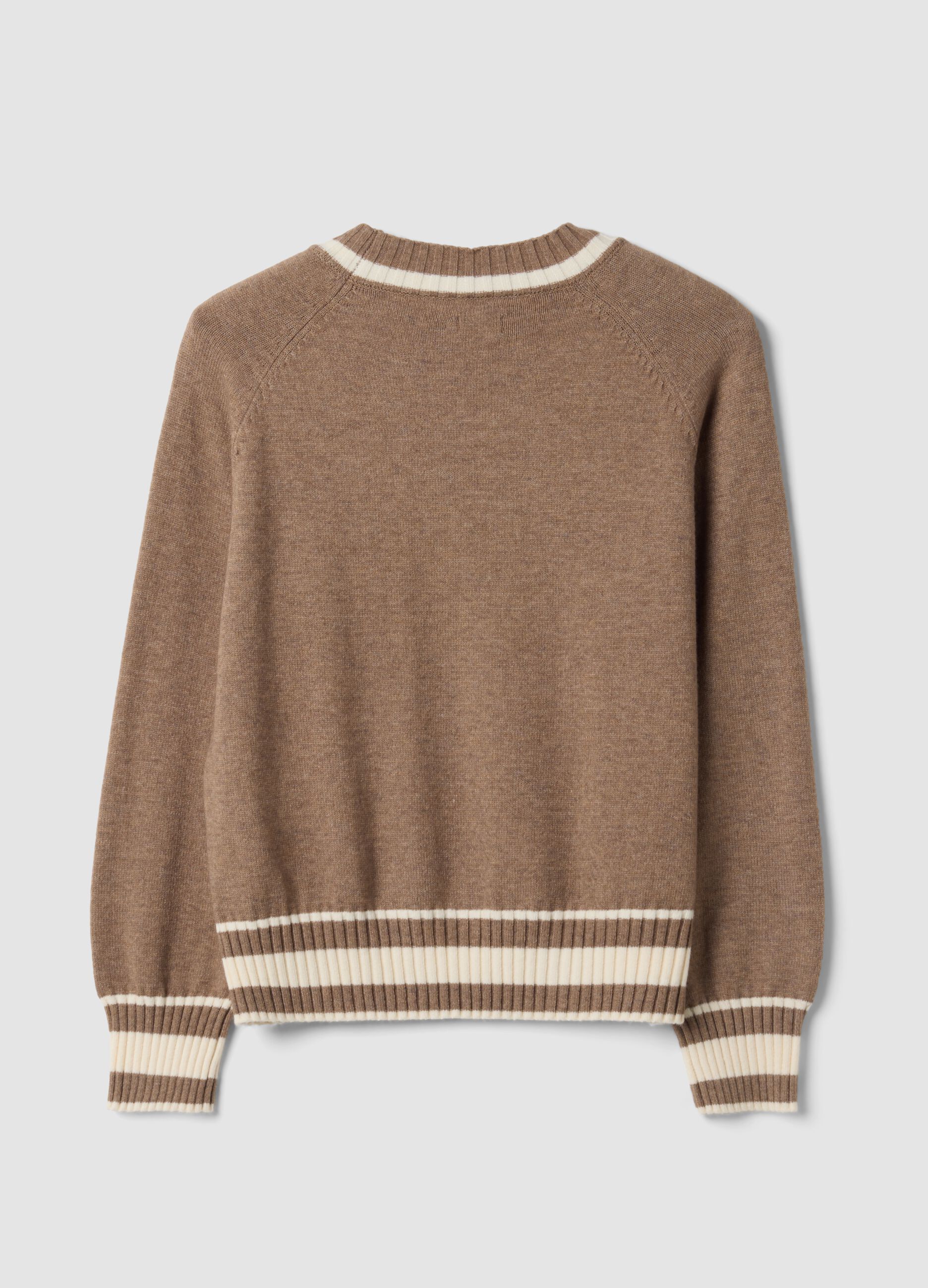 Brown viscose-blend jumper with striped trims, regular fit