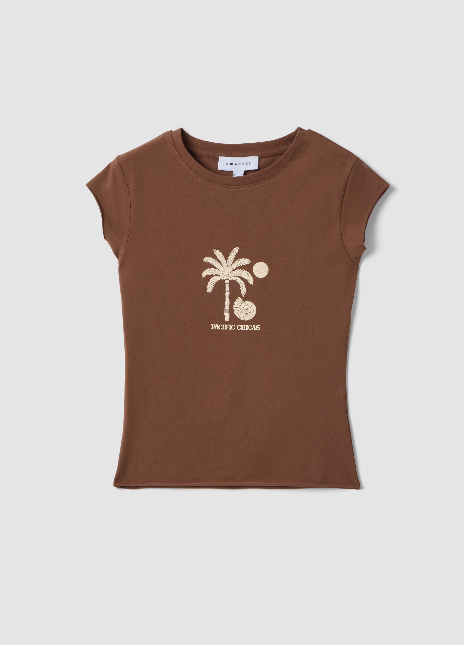 Brown fitted stretch-cotton T-shirt with print