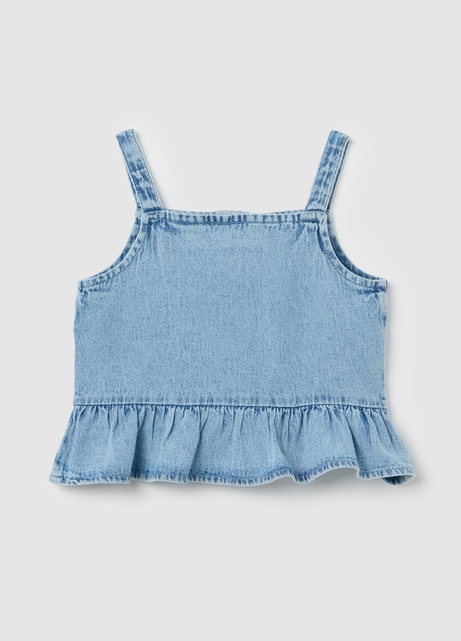 Blue chambray denim vest with flounce