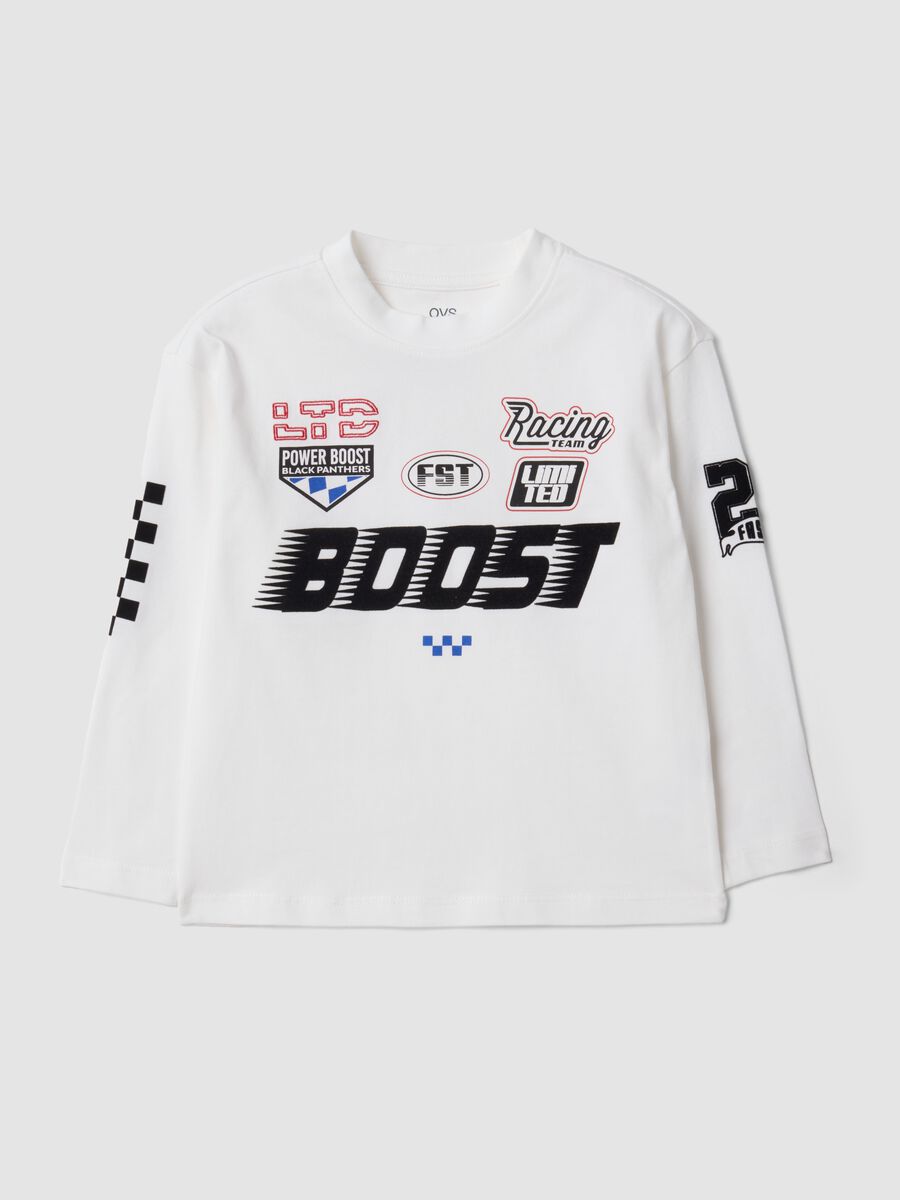 White pure cotton crew-neck racing print T-shirt for boys_0