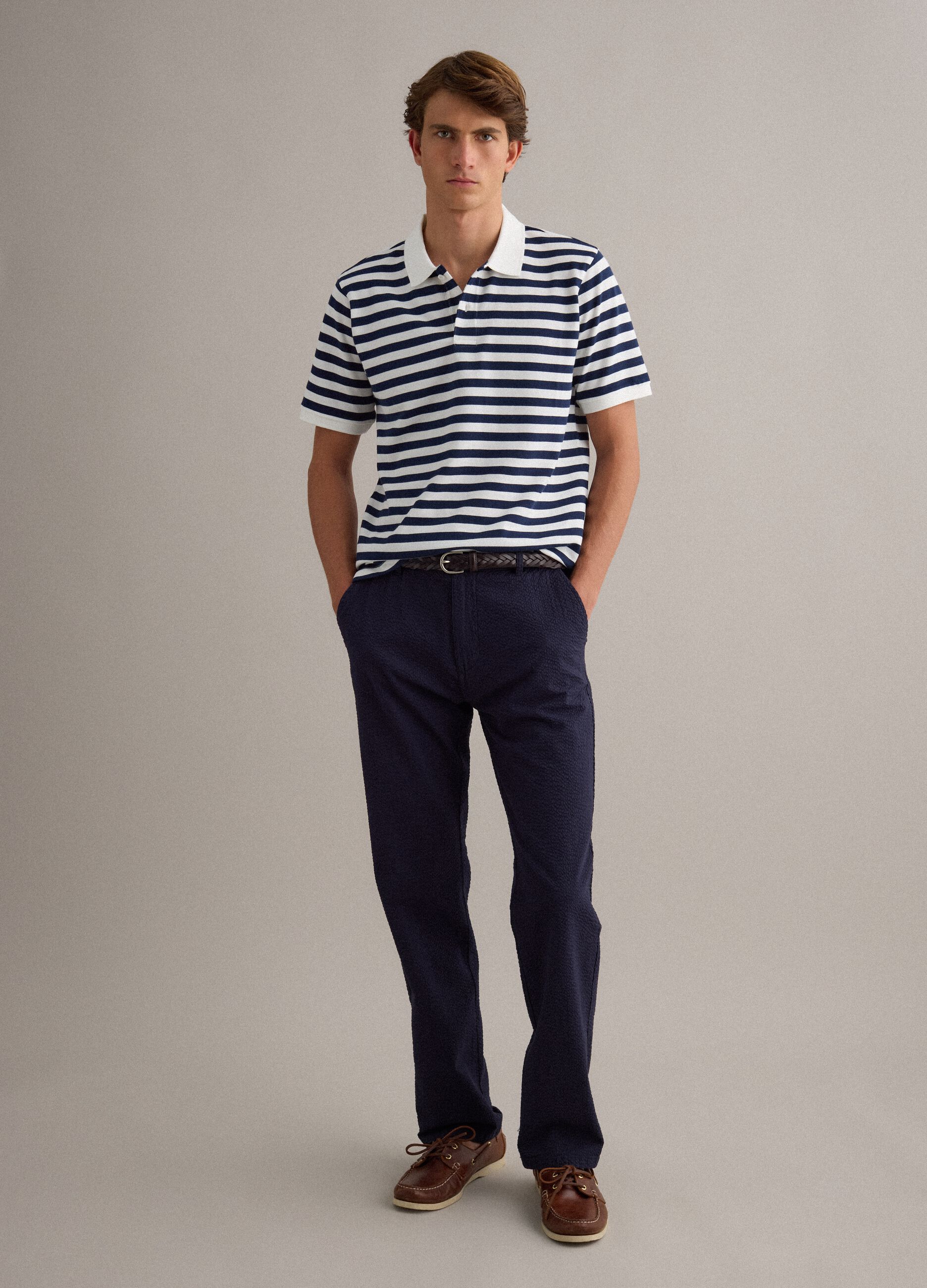 Blue and White Striped Pure Cotton Polo Shirt