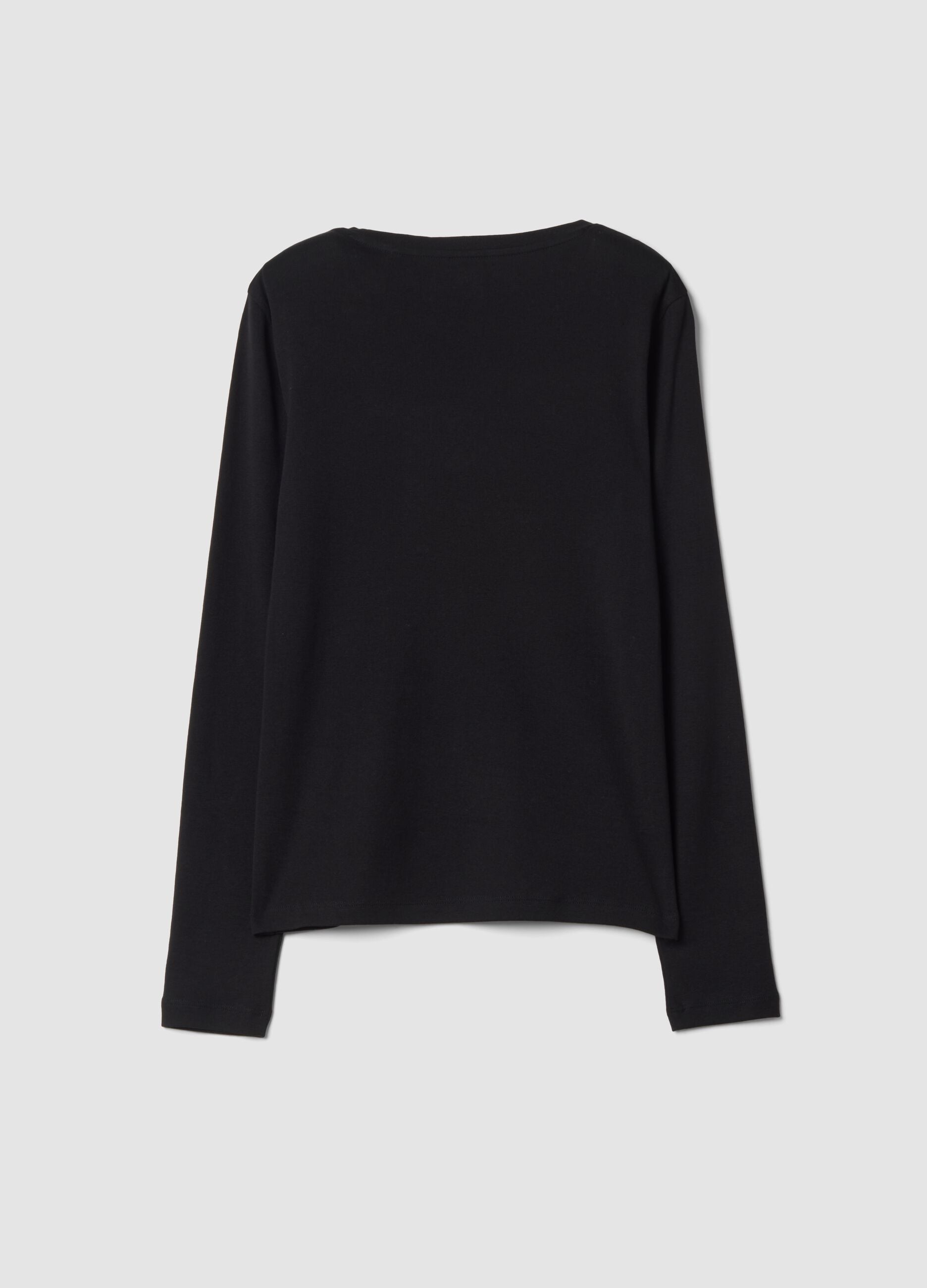 Black crew-neck pure cotton T-shirt with rhinestones, regular fit