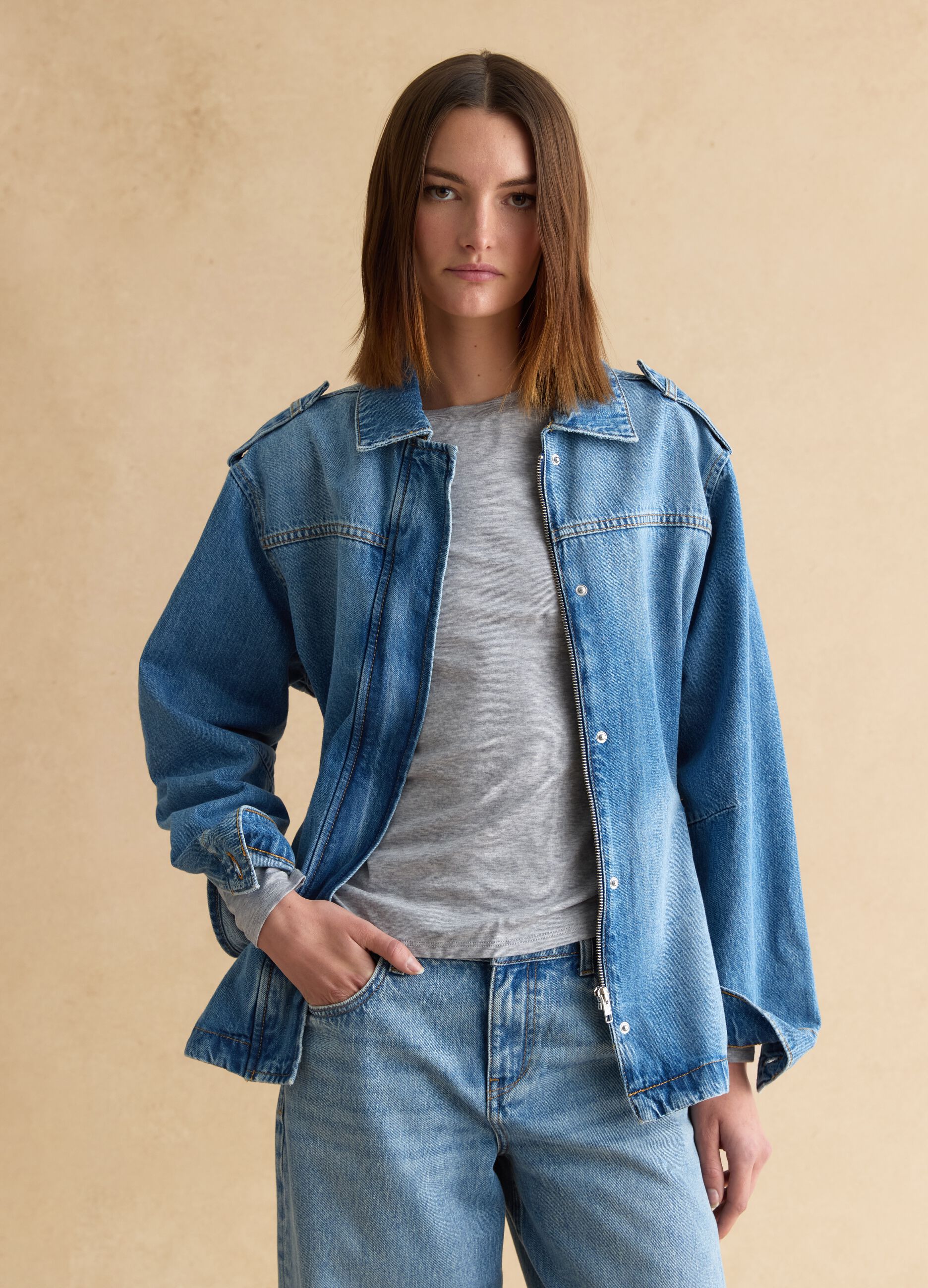 Giacca in puro cotone denim blu regular fit con cintura