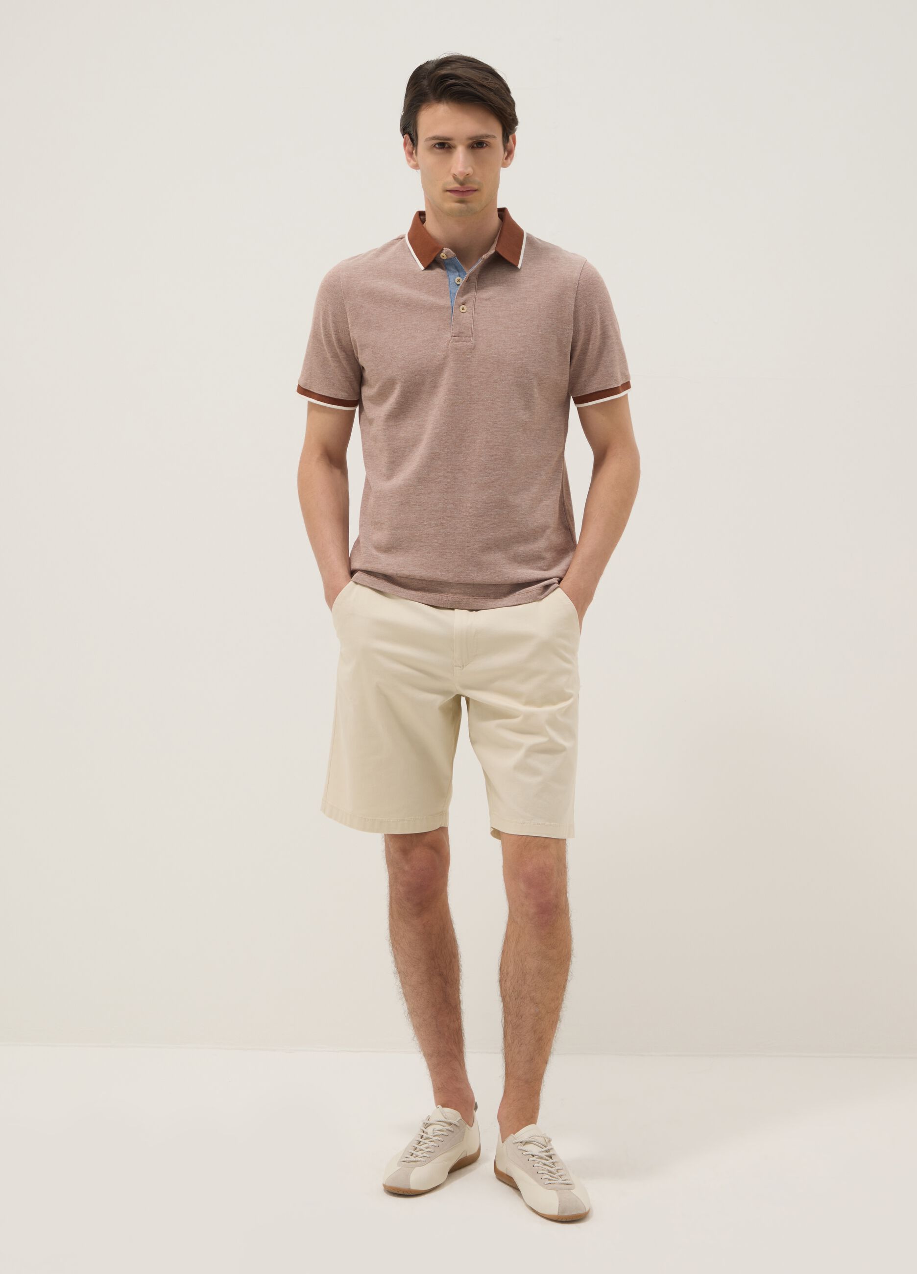 Brown pure cotton polo with classic collar