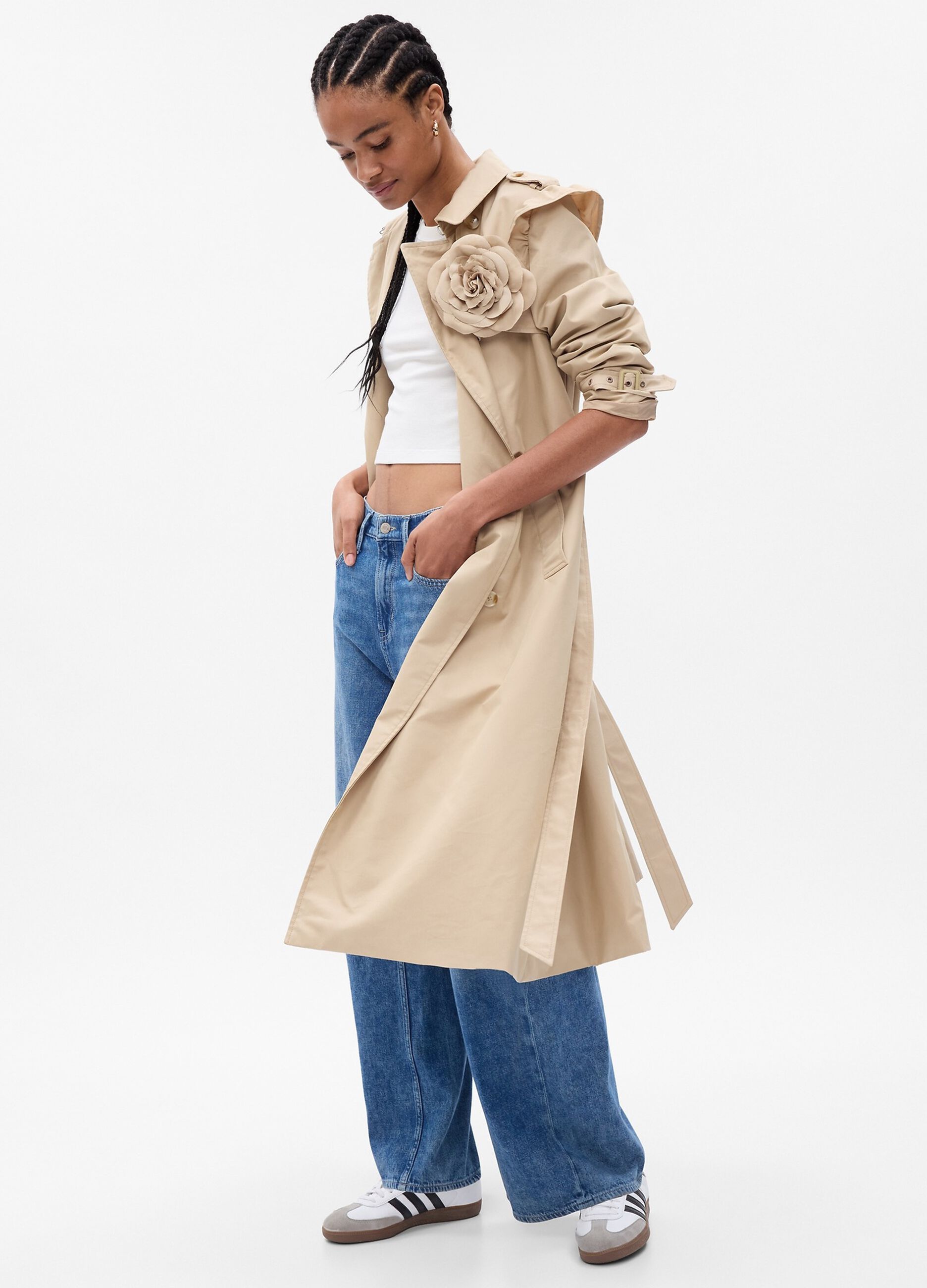 LoveShackFancy double-breasted trench coat with flounce