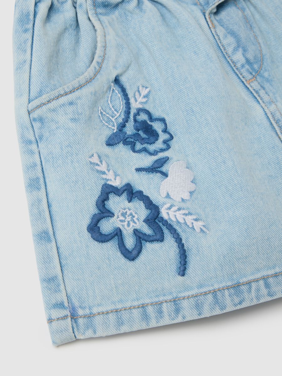 Cotton Floral Embroidered Denim Shorts_3