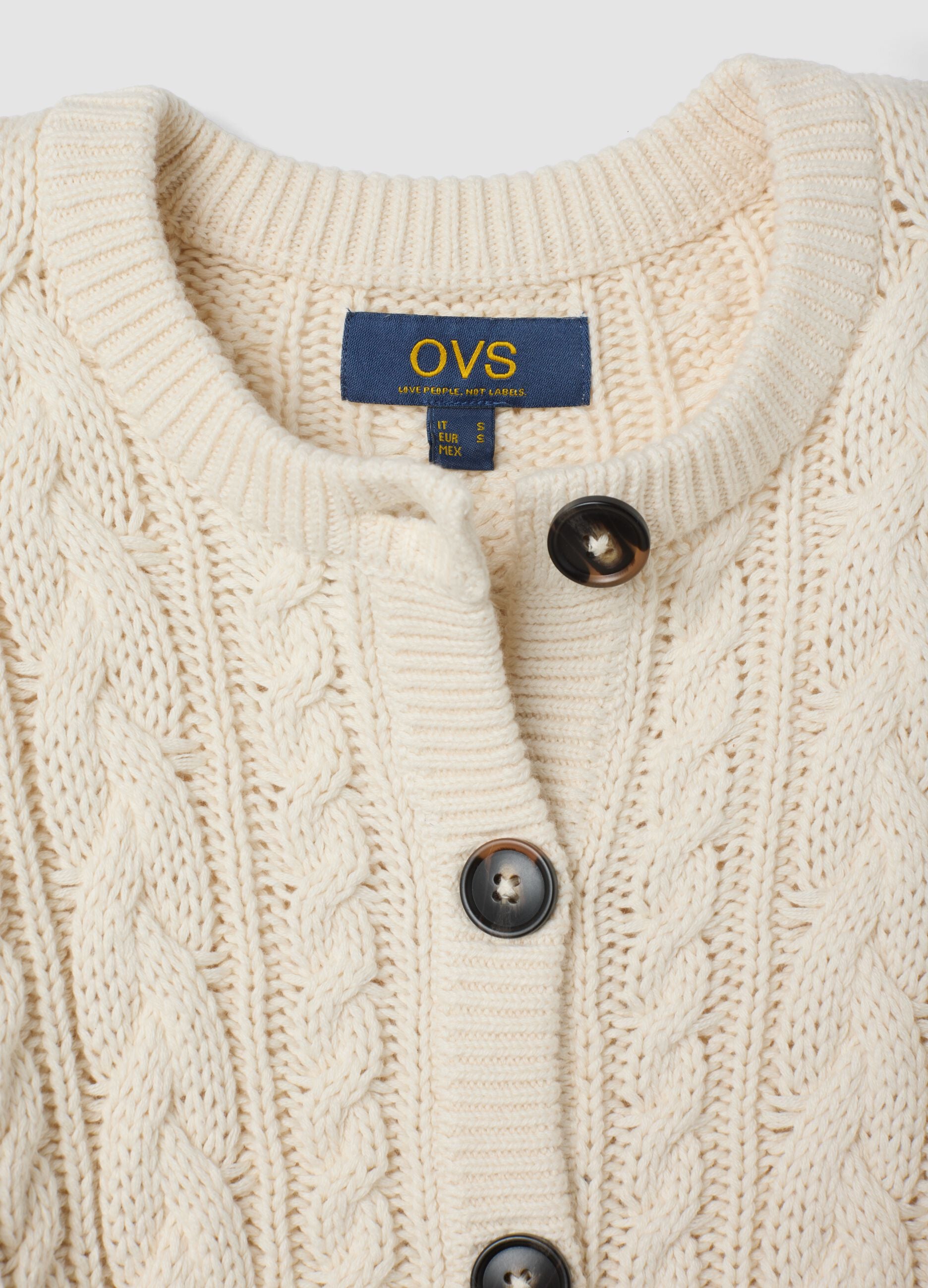 Beige cotton-blend crew-neck cardigan