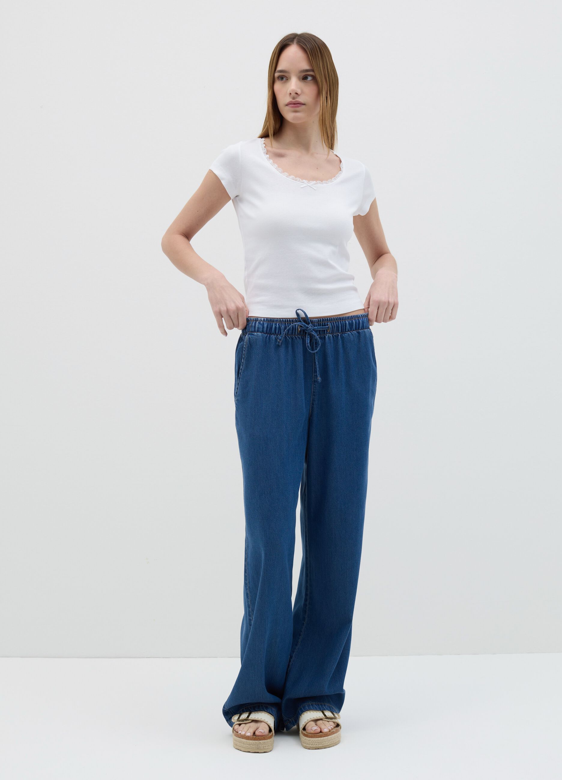 Blue relaxed-fit fluid trousers with denim effect