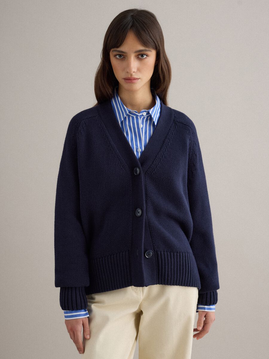 Blue cardigan in pure cotton with deep V-neck_0
