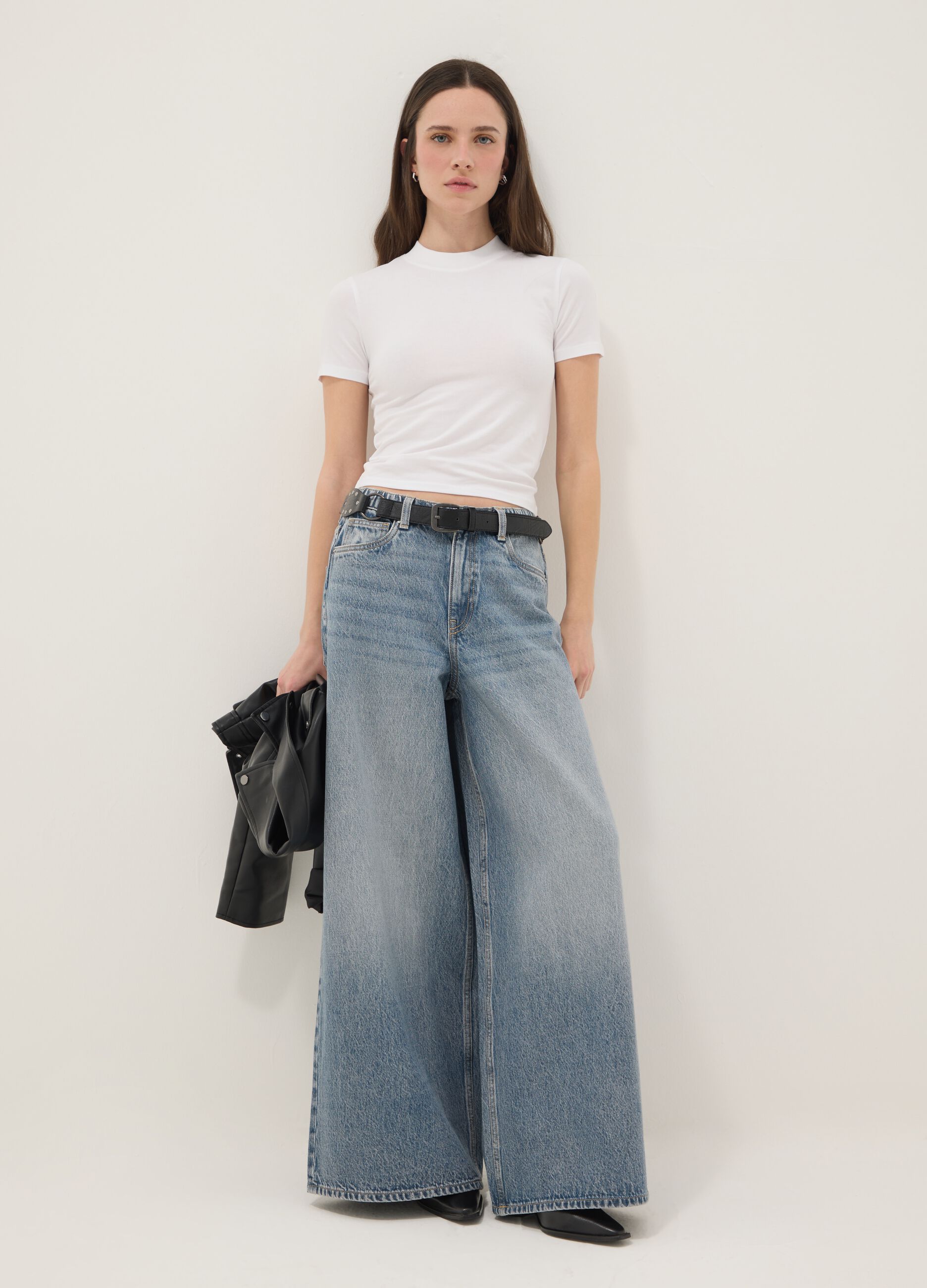 Jeans in puro cotone denim blu wide leg