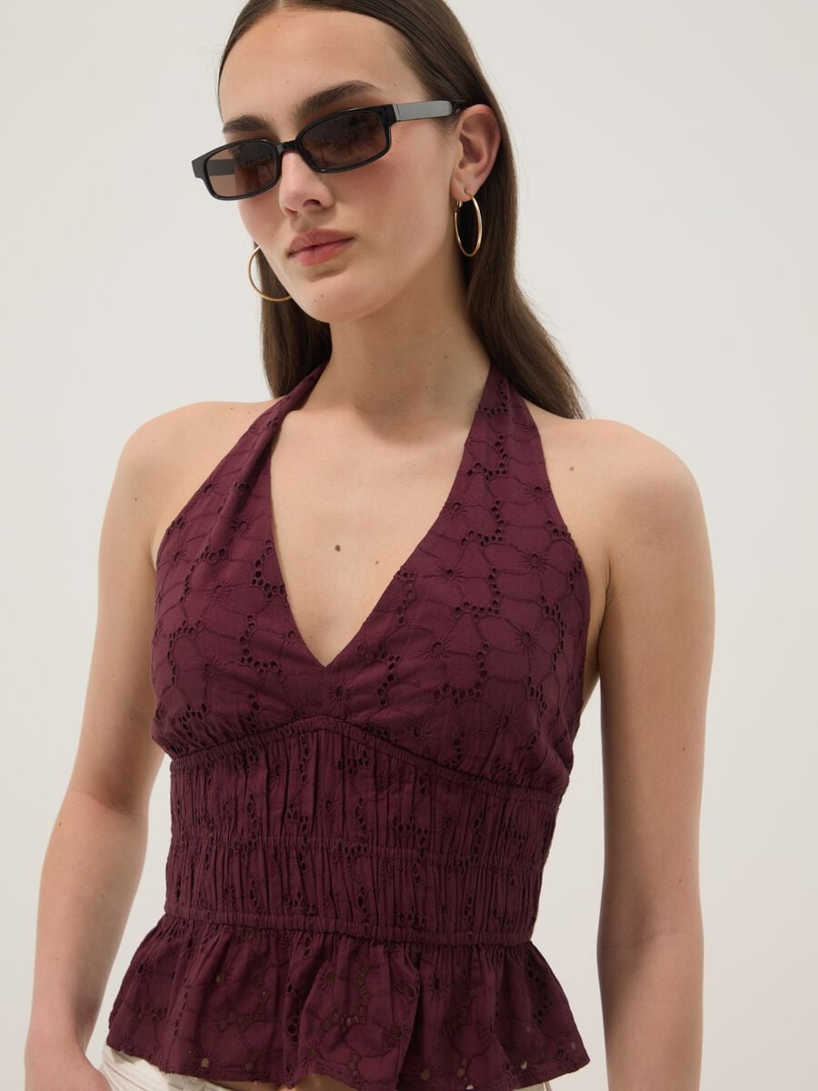 Top viola in puro cotone con scollo all'americana_0