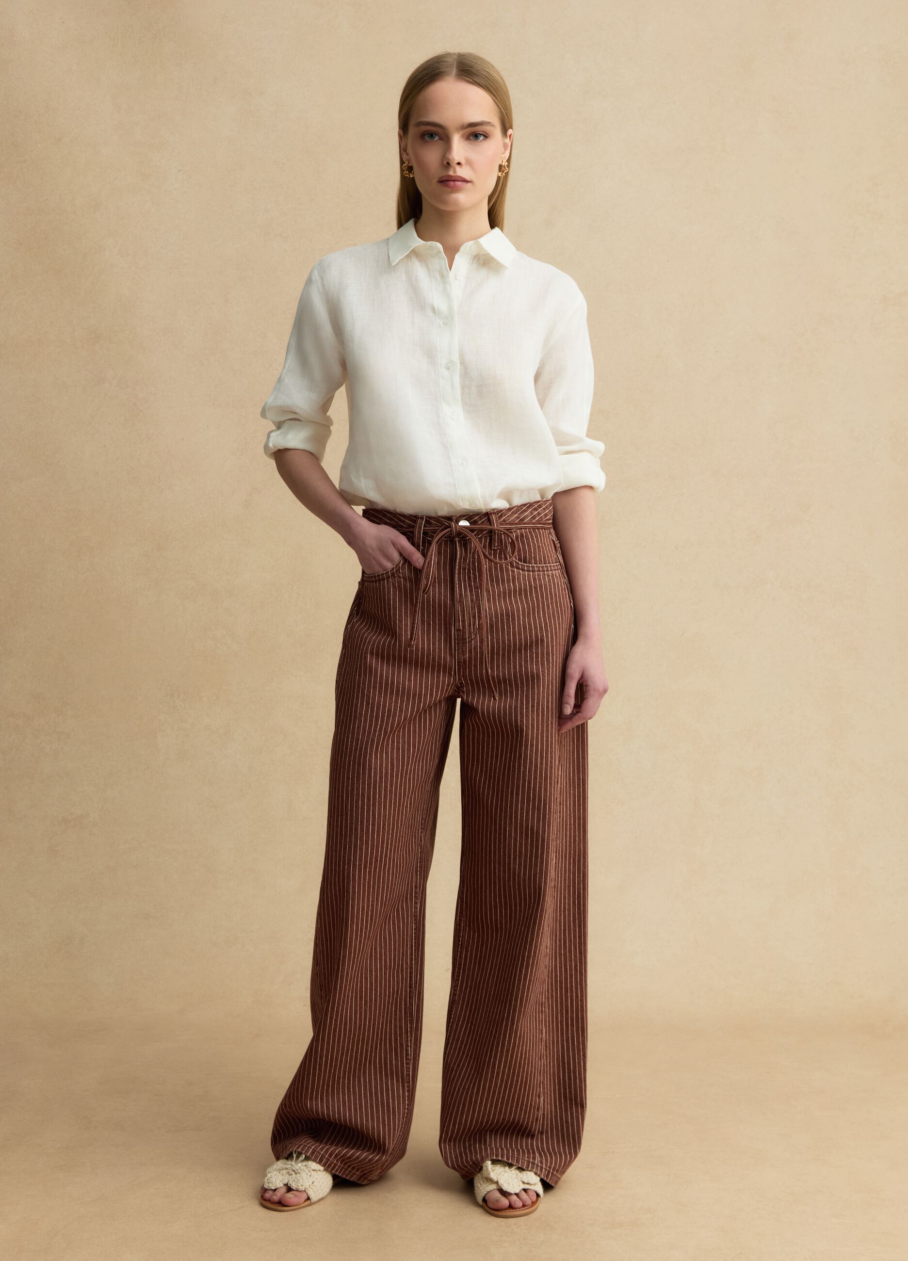 Brown striped wide-leg trousers in pure cotton