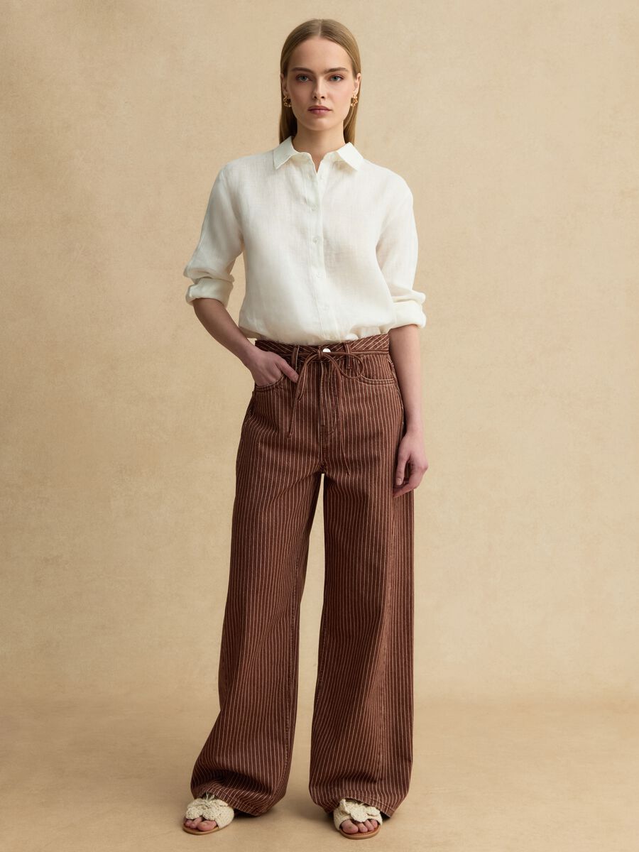 Brown striped wide-leg trousers in pure cotton_0