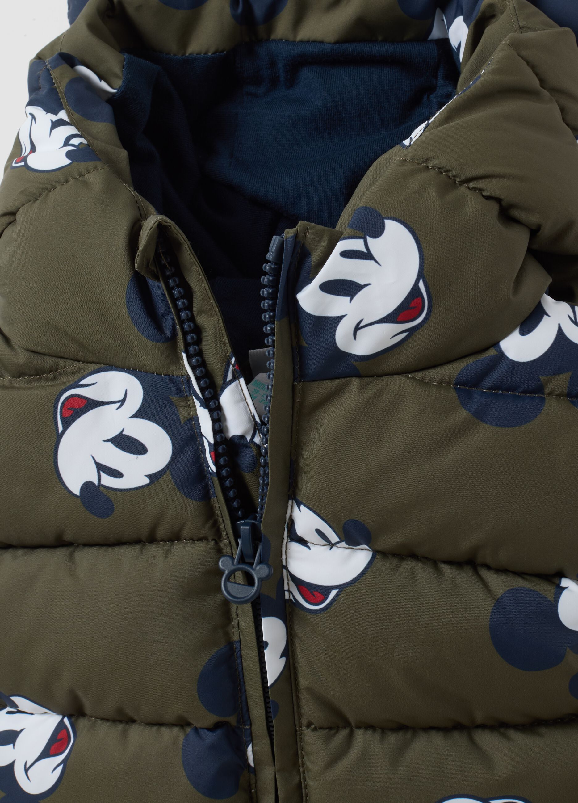 Green padded hooded gilet with Mickey print for boys