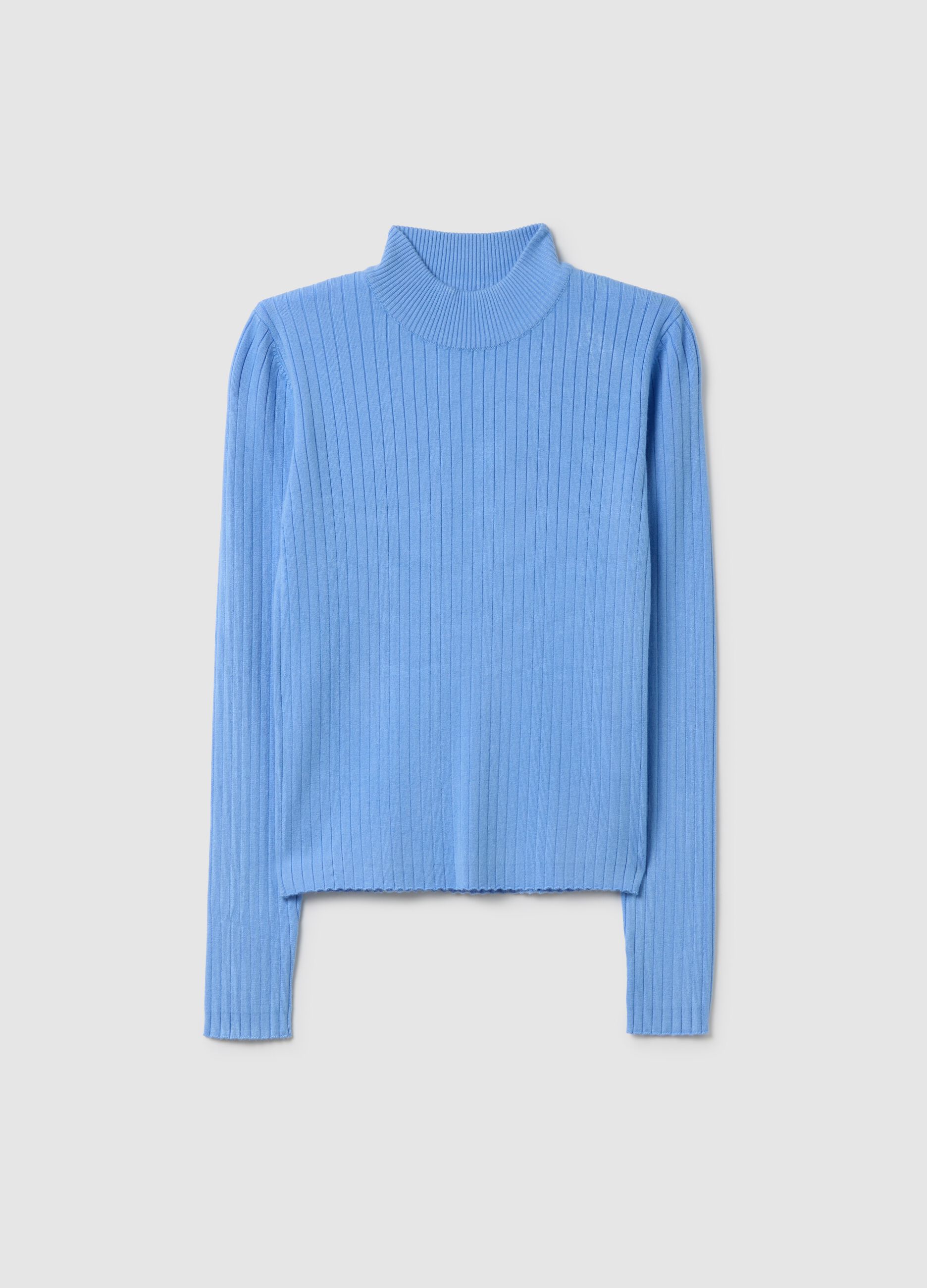 Maglione a collo alto azzurro in maglia a coste