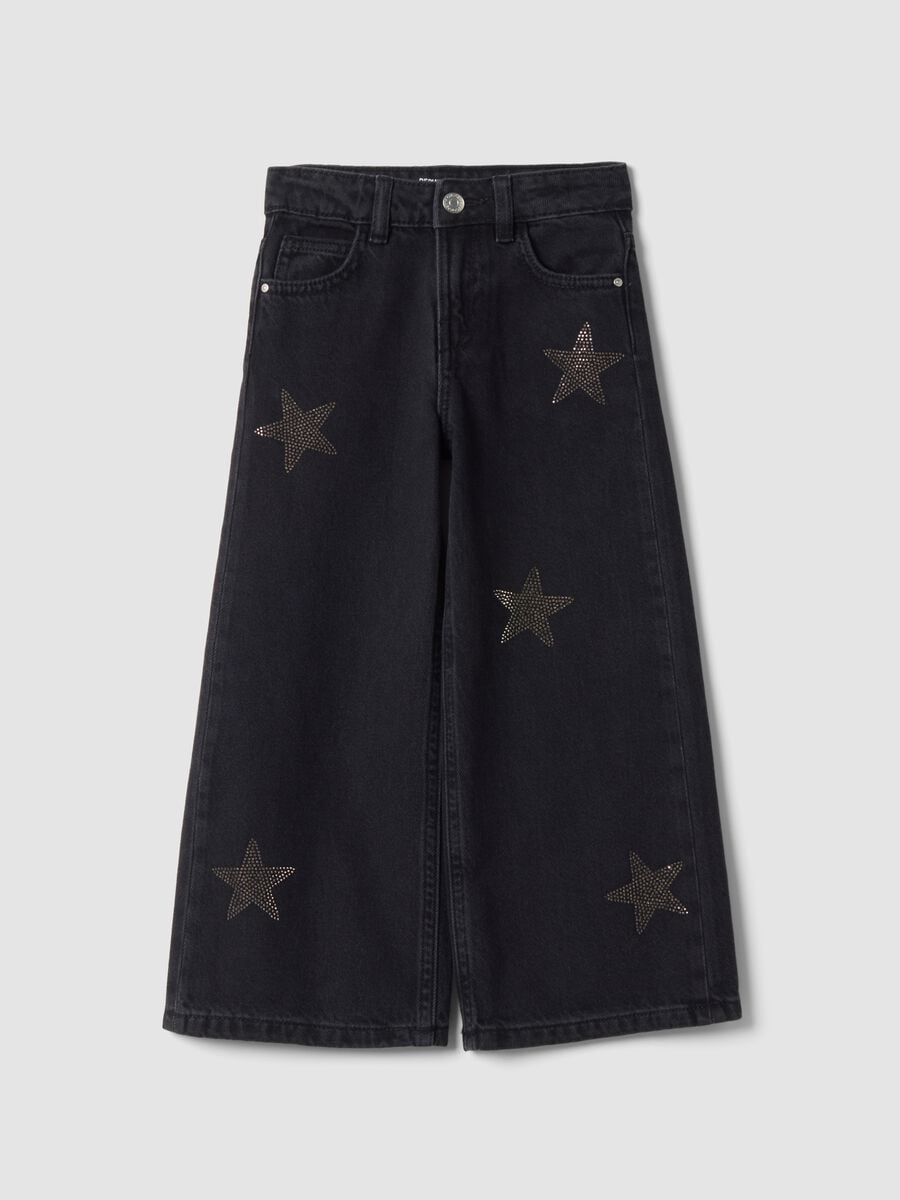 Jeans blu wide leg in puro cotone con stelle_0