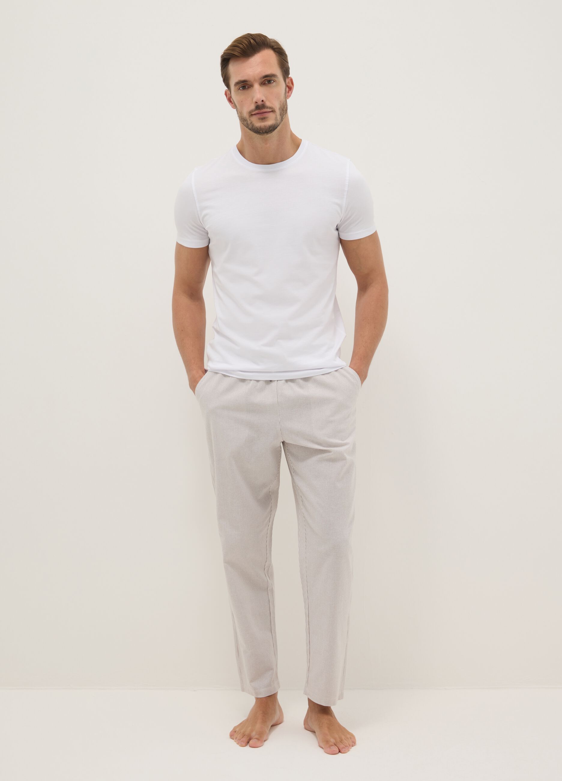 Long pyjama trousers in pure cotton with multicolour stripes regular fit