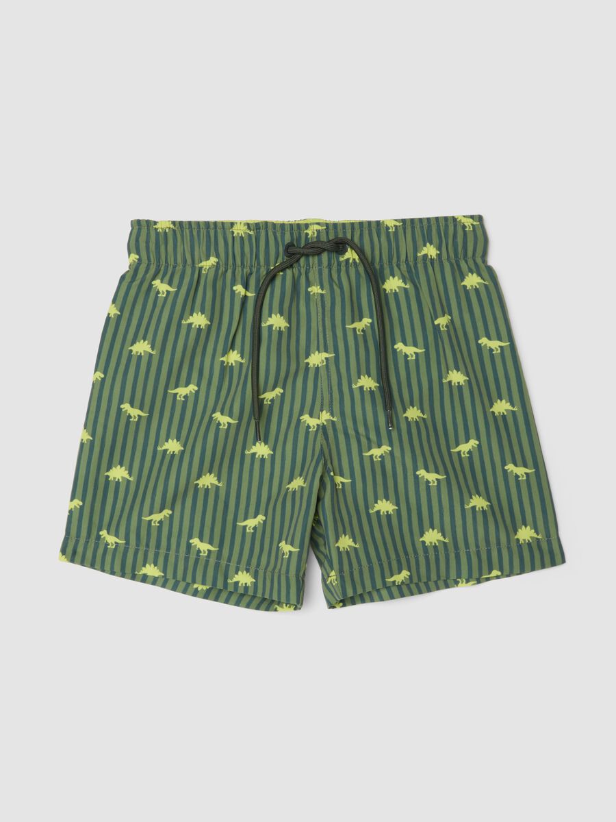 Green striped dinosaur print boys&rsquo; swim shorts_0