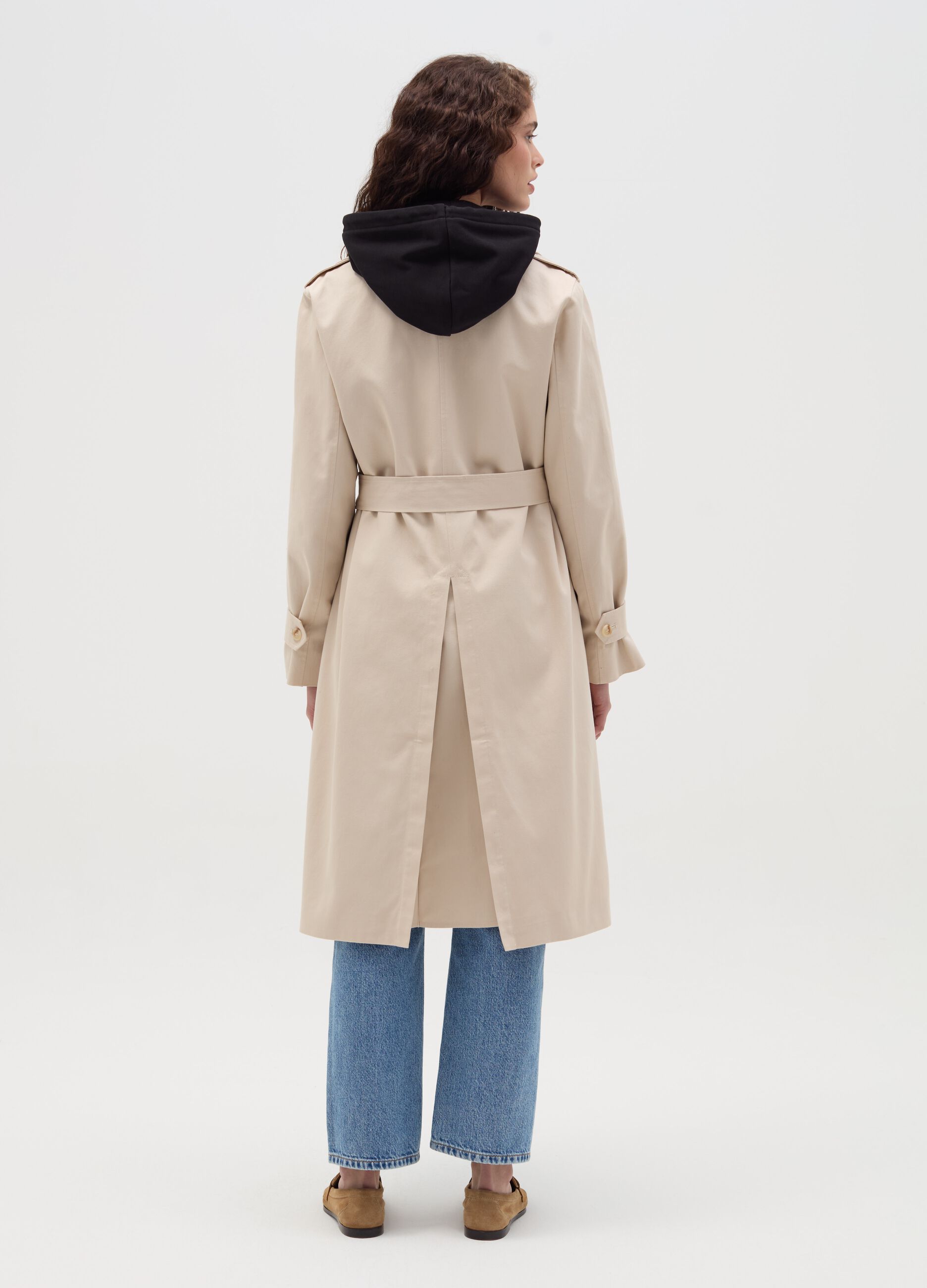 Long double-breasted trench coat with belt