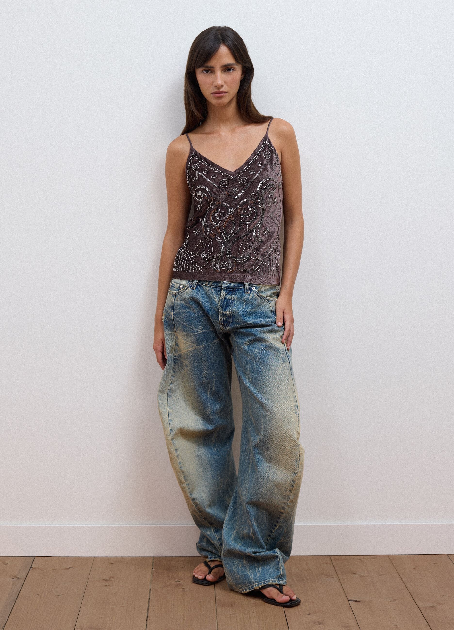 Brown fitted sequin stretch tank top