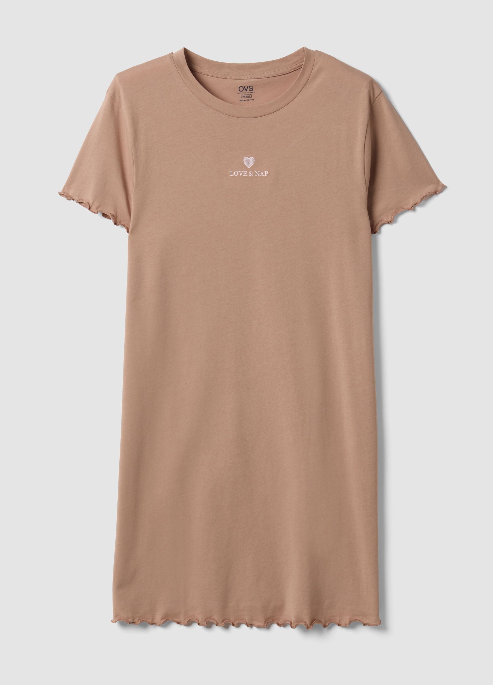 Camicia da notte beige in puro cotone organico con orli arricciati