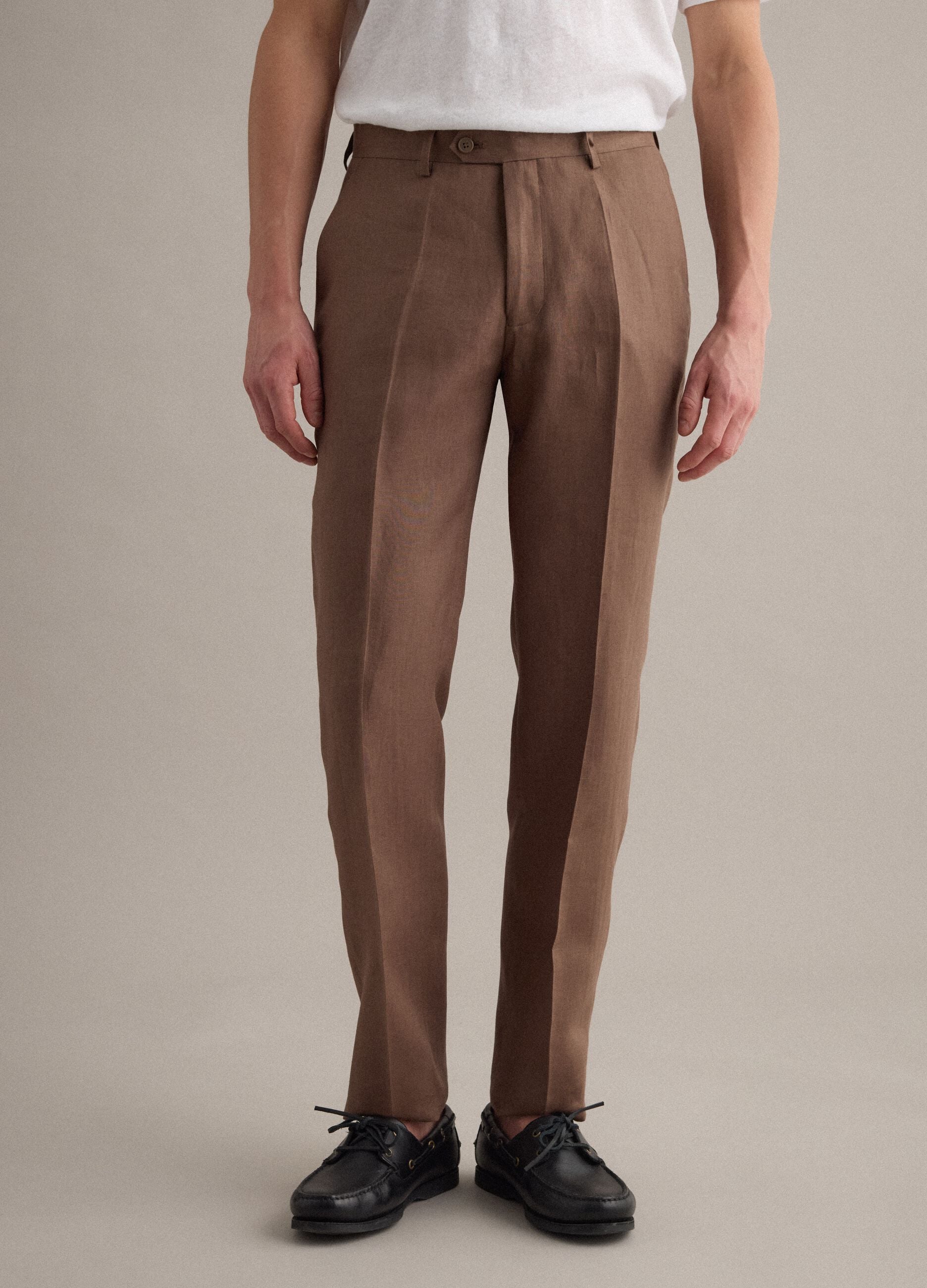 Brown pure linen slim-fit trousers