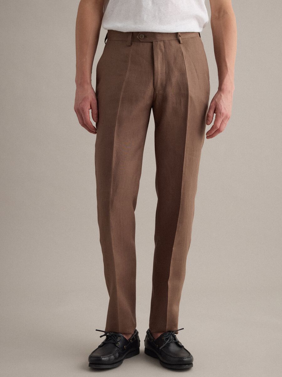 Pantaloni in puro lino marrone slim fit_1