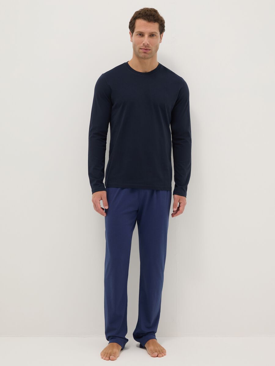 Blue crew neck long sleeve pyjamas in pure cotton regular fit_0