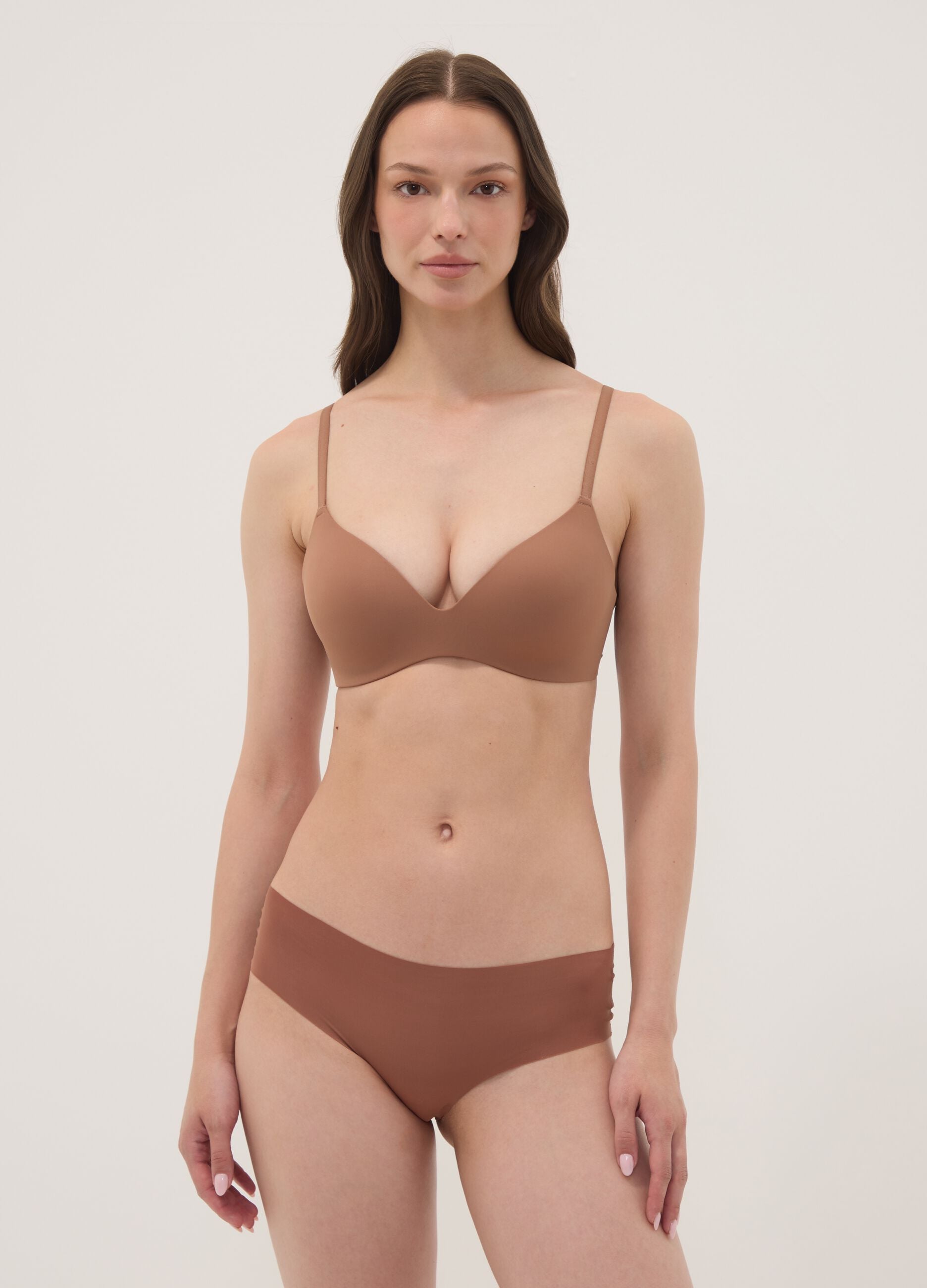 Brown padded triangle bra in stretch fabric