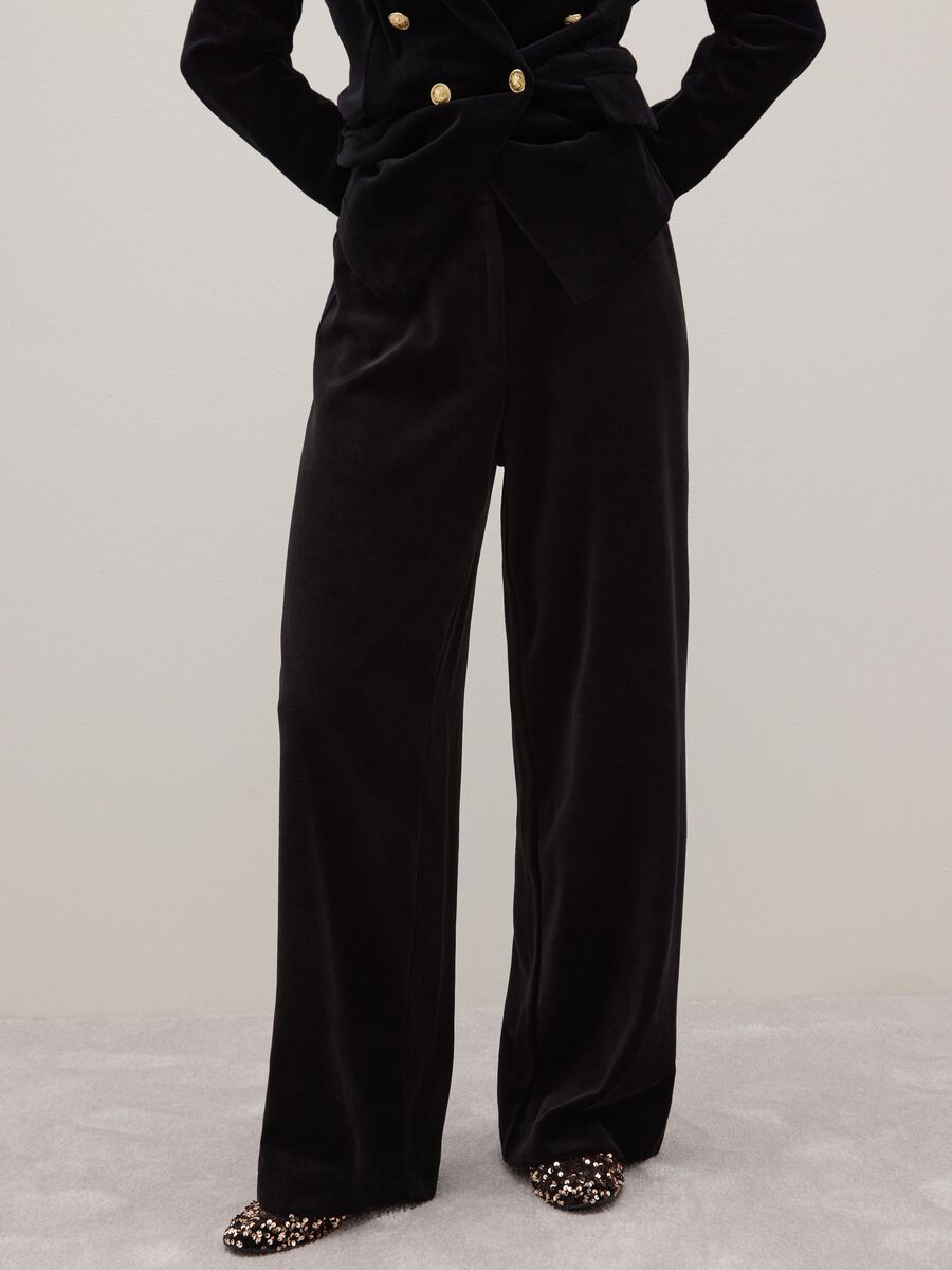 Regular fit black cotton and velvet blend trousers_1