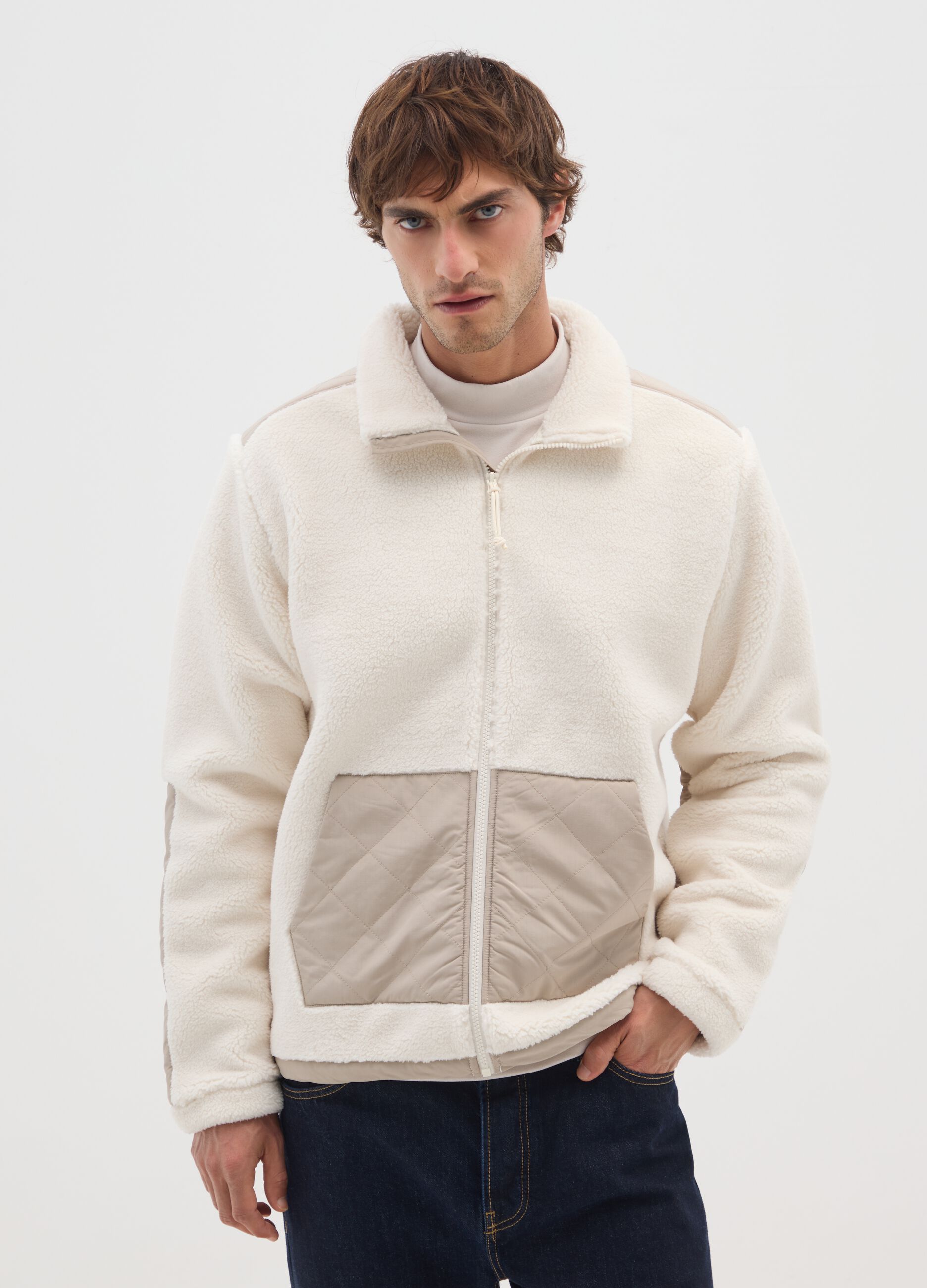 White sherpa full-zip sweatshirt