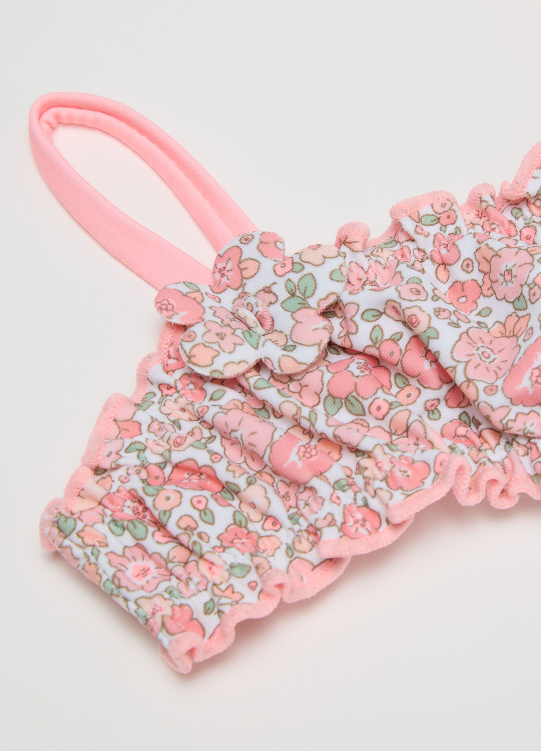 Costume bikini da bambina in misto elasticizzato multicolor con profili arricciati